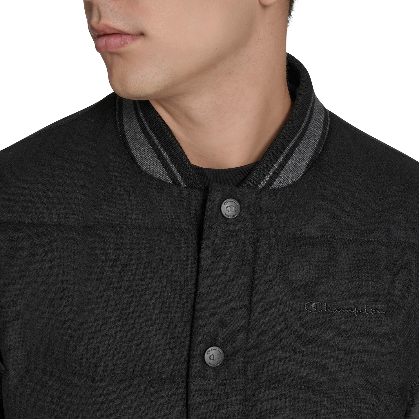 Champion Men's Varsity Bomber Puffer Jacket, Black Faux Leather, Large