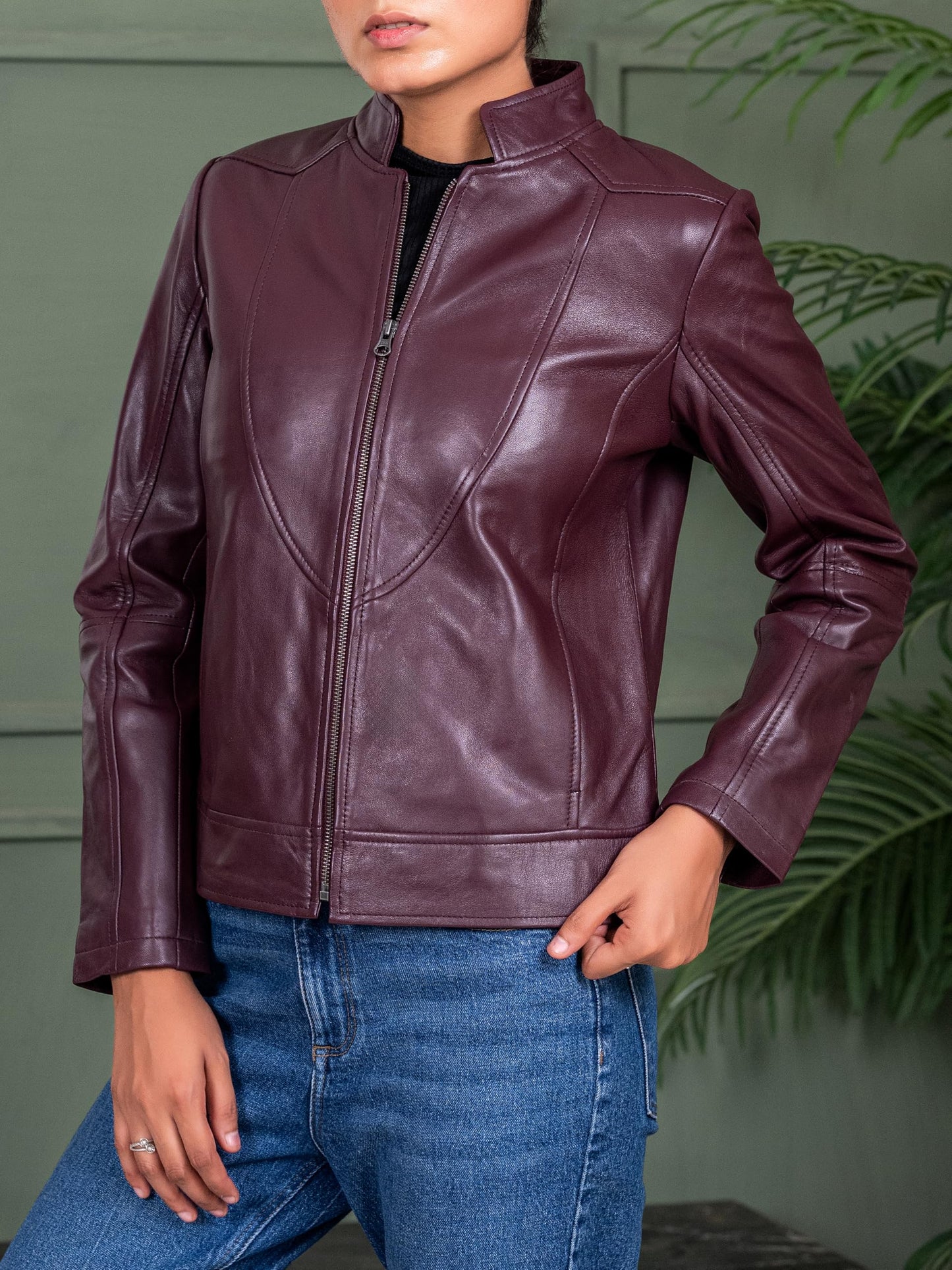 Jild Stylish Collar Casual Womens Leather Jacket - Biker Style Premium Lambskin Leather Jacket Women (Amy-Burg-L)