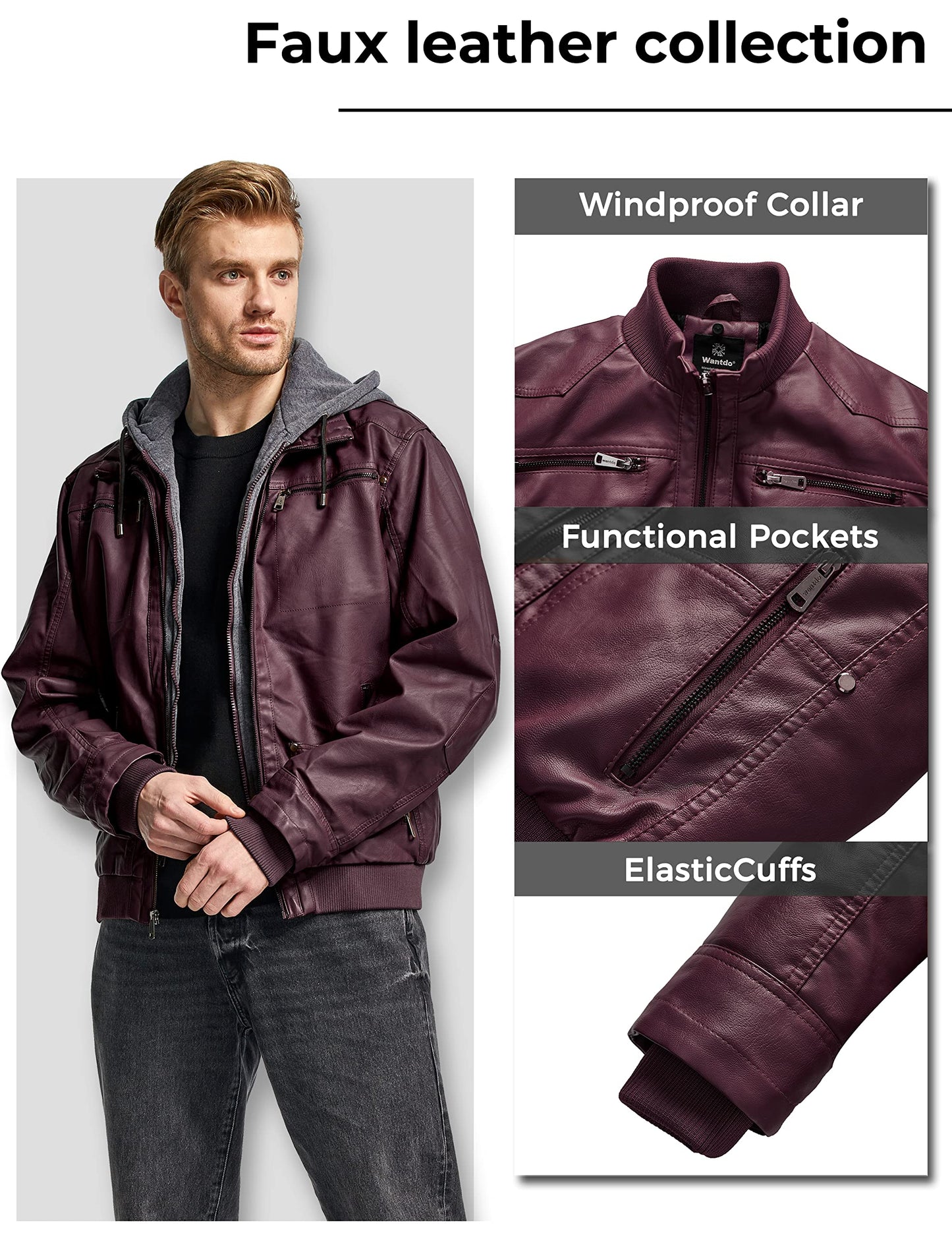 wantdo Men's Light Faux Leather Jacket Hooded Motorcycle Jacket Wine Red Large(Thick)