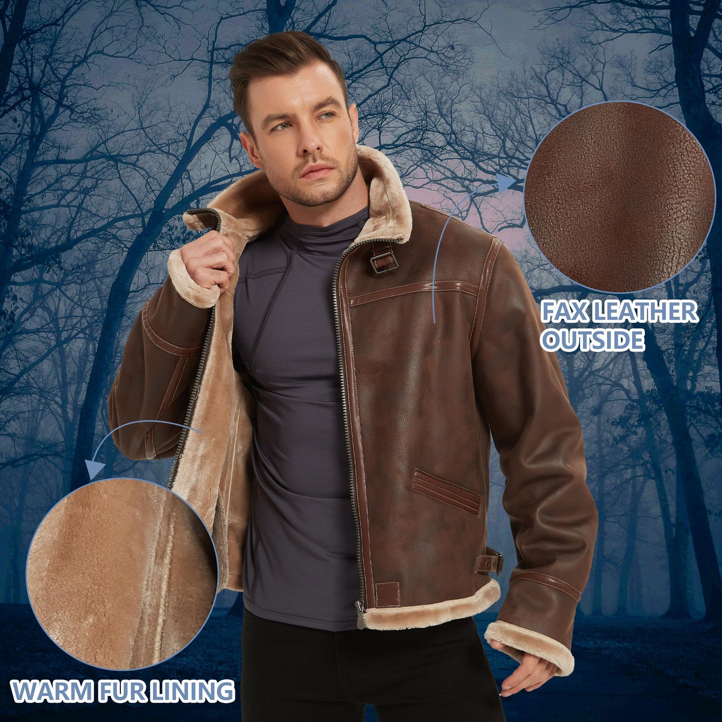 Mifidy Leather Bomber Jacket Men, Fur Shearling Outdoor Classic Brown Aviator Flight Leon Cosplay Coat Motorcycle Jacket Daily Wear Hiking Gift Small