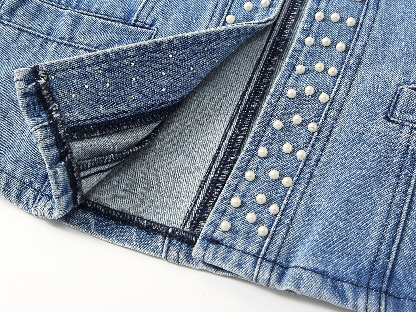 Kedera Women's Pearl Denim Jacket Long Sleeve Collarless Rivet Short Denim Coat with Pockets