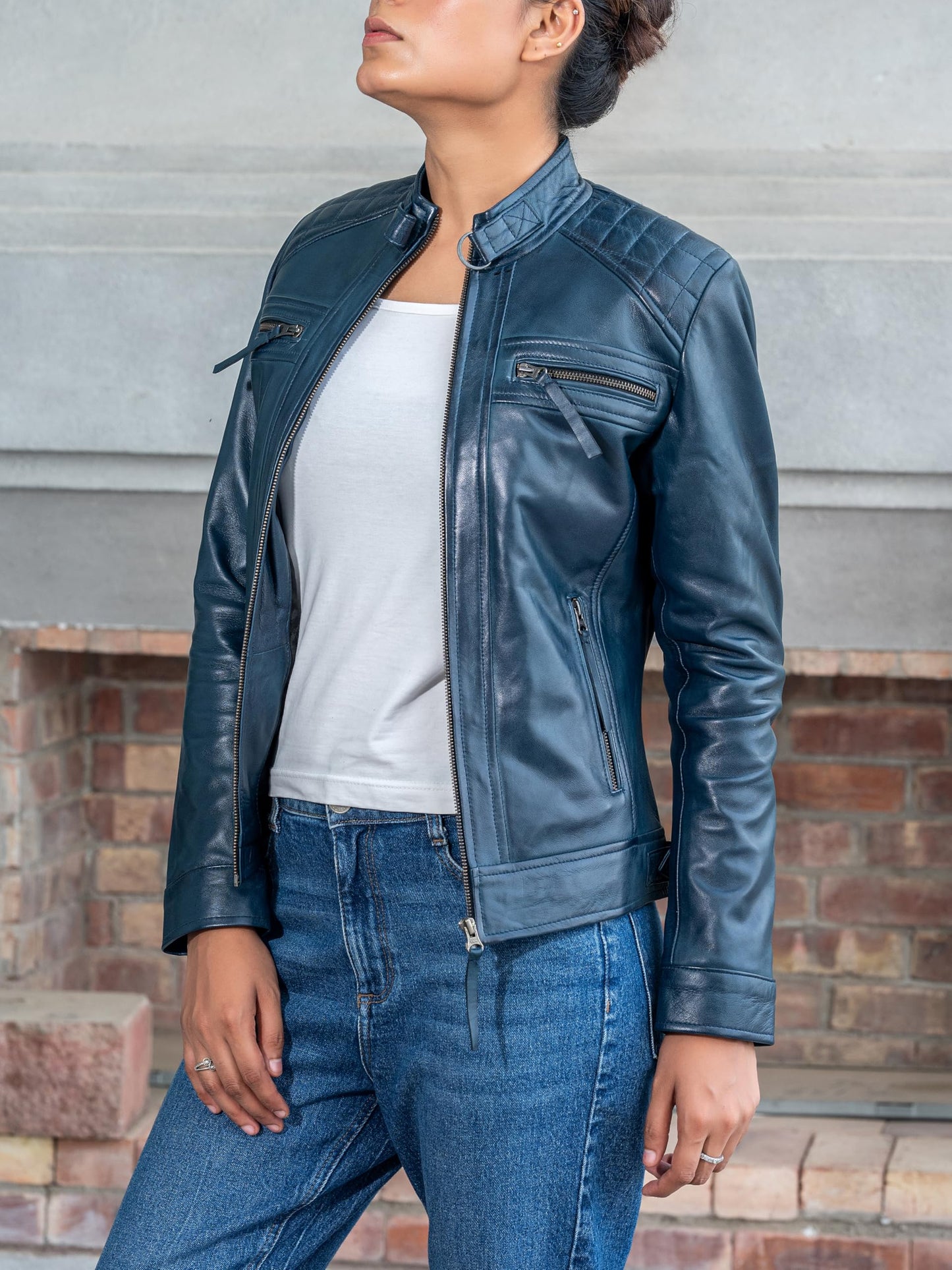 Jild Quilted Design Leather Jacket Women - Cafe Racer Style Real Lambskin Womens Leather Jacket (DW-Blue-L)