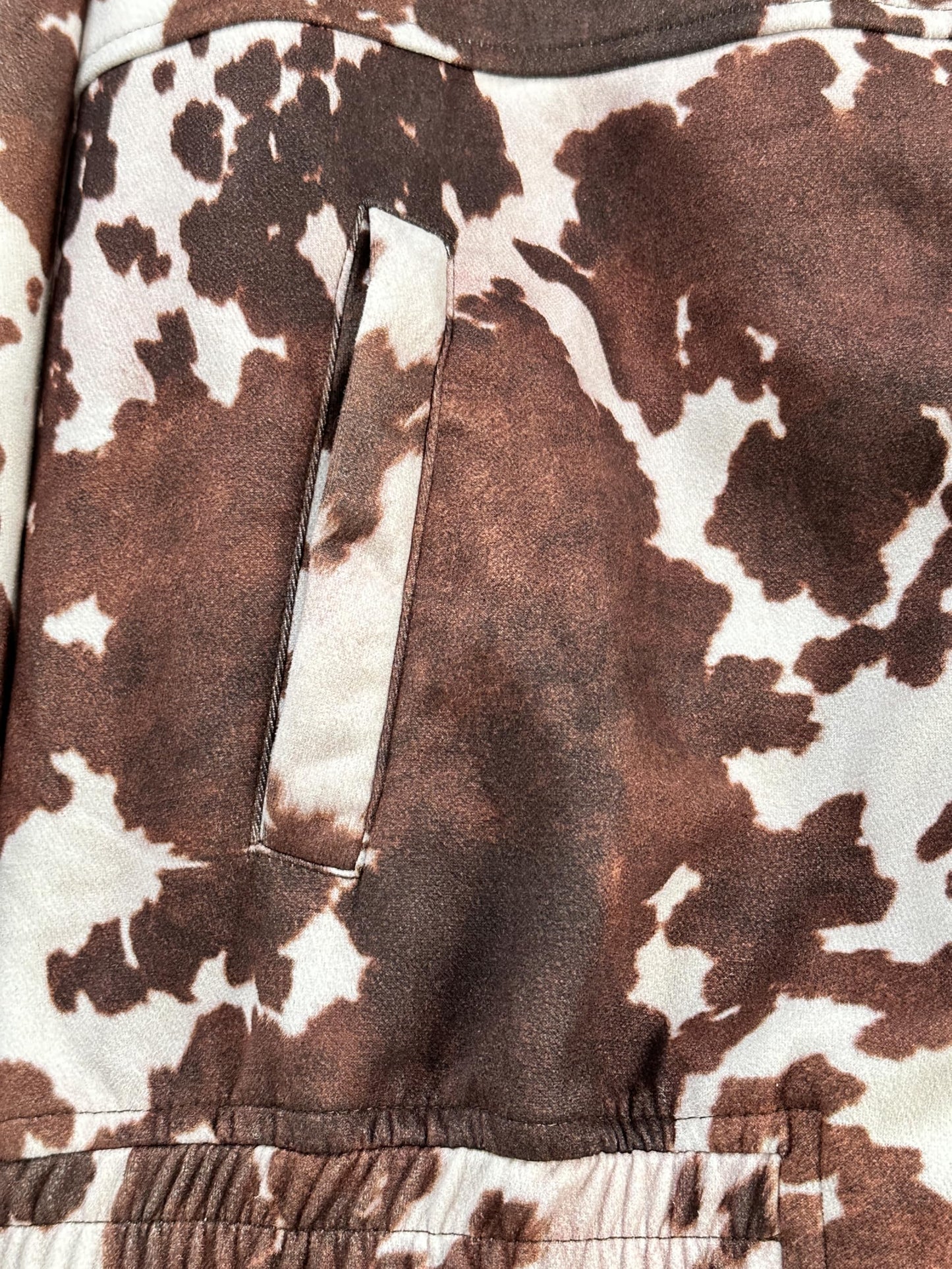 TELUPDI Women’s Cow Print Suede Jacket Set Casual Animal Print Cropped Coat Long Sleeve Button Up Western Motorcycle Outwear (US, Alpha, X-Large, Regular, Regular, BROWN)