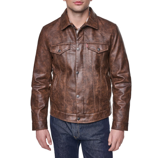 Levi's Men's Faux Leather Classic Trucker Jacket, Caramel, Large