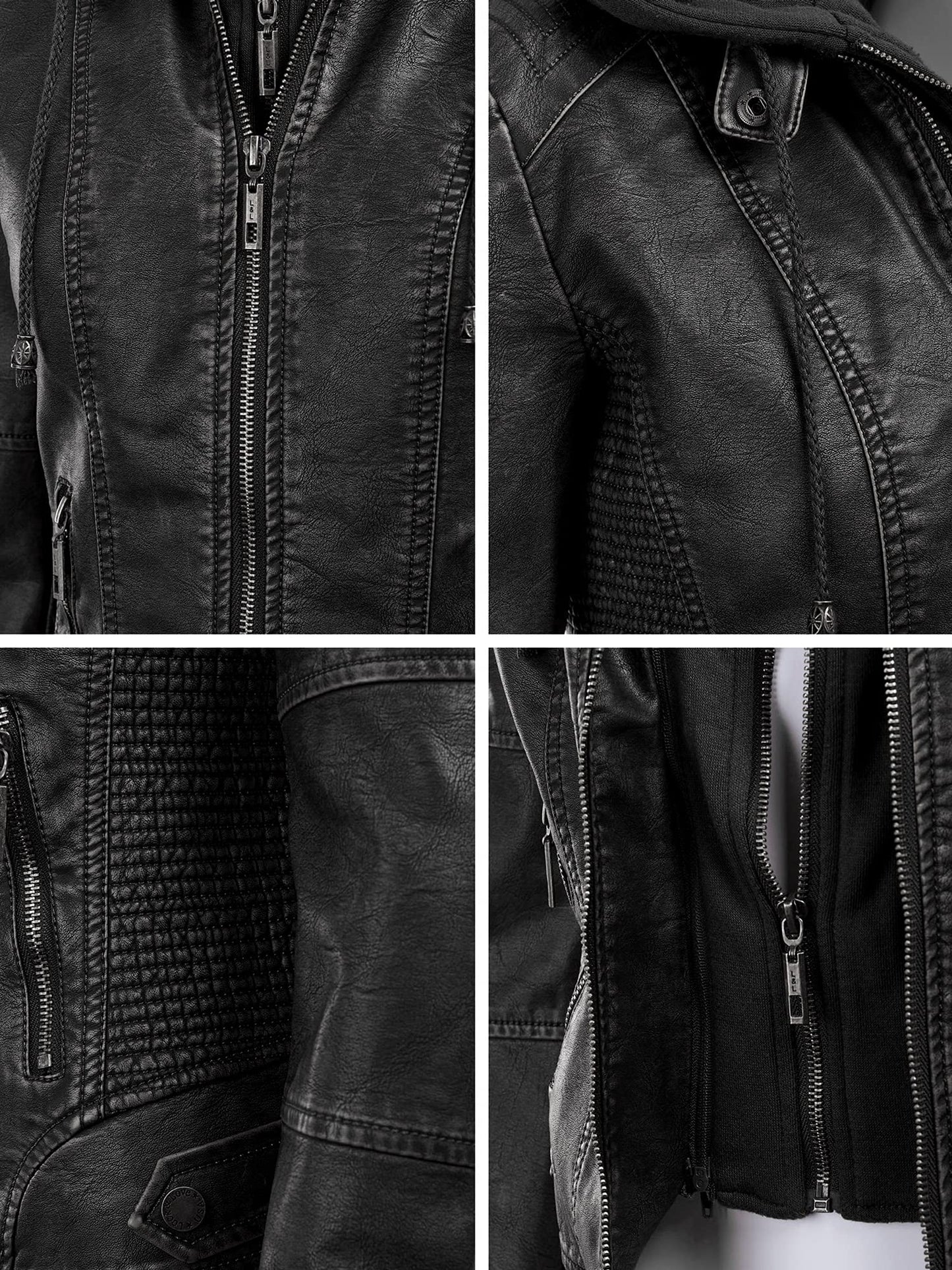 Made By Johnny MBJ WJC1044 Womens Faux Leather Quilted Motorcycle Jacket with Hoodie M Black