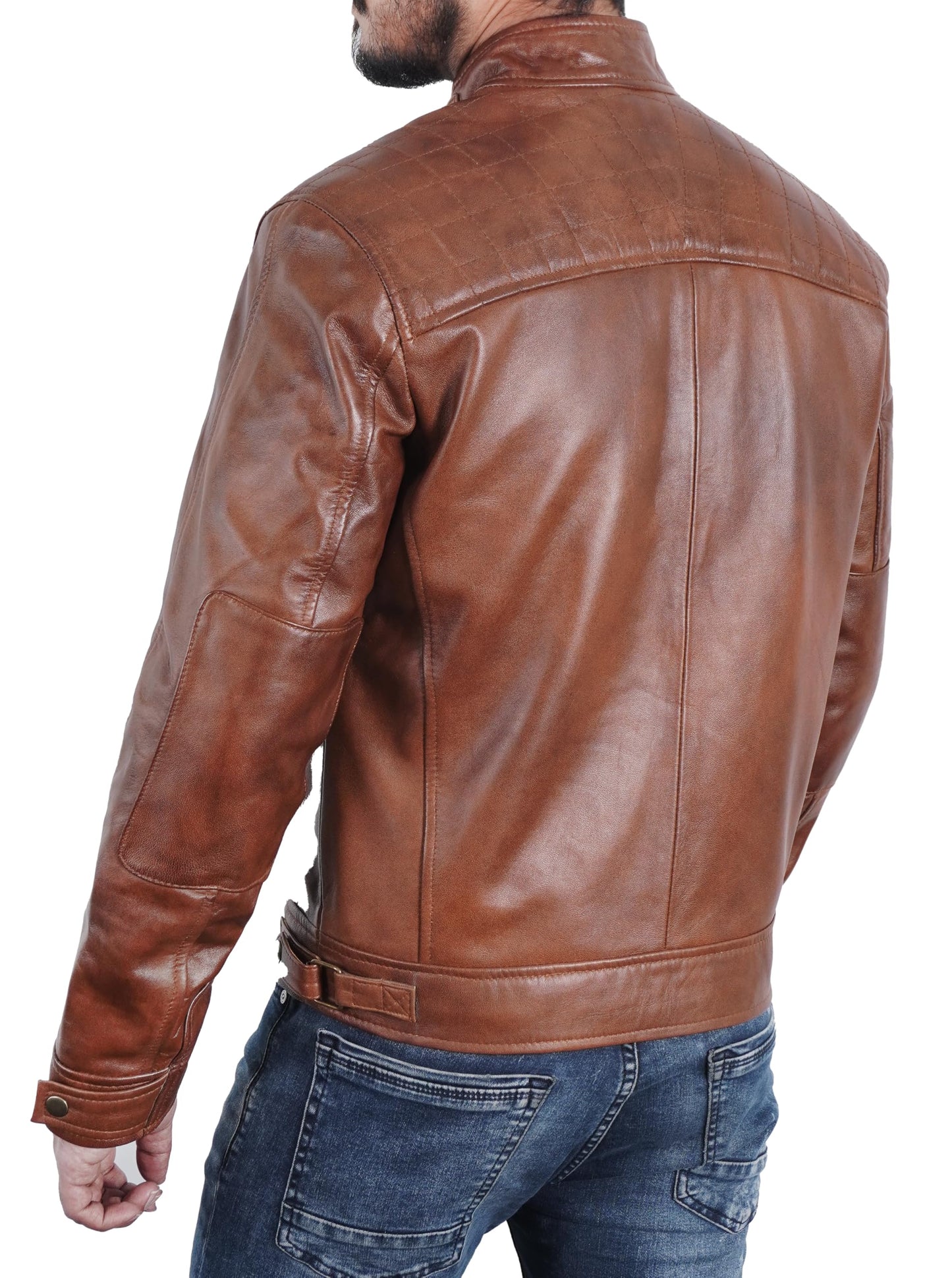 STOREJEES Leather Biker Jacket Men | Diamond Brown - S