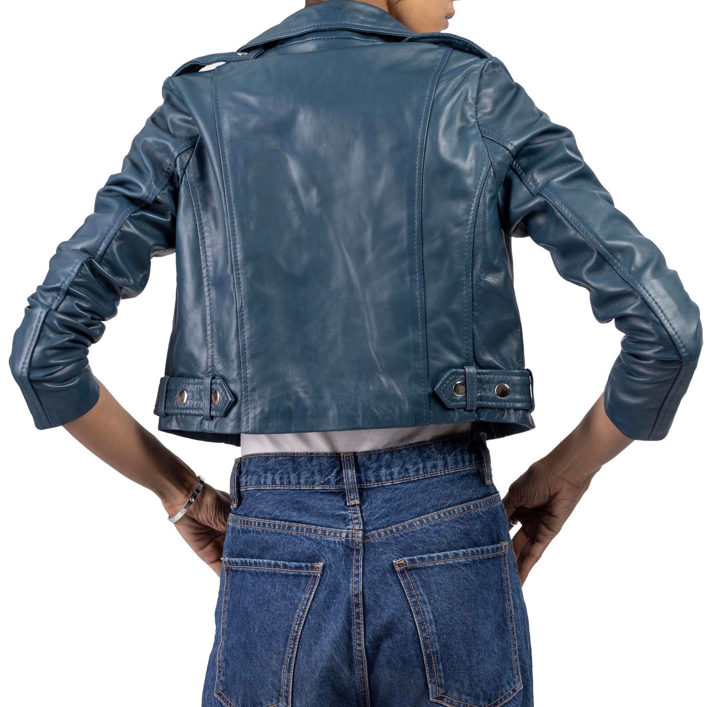 Jild Cropped Leather Jacket Women Lapel Asymmetric Zip Up Moto Biker Short Coat with Belt (CW-Blue-L)