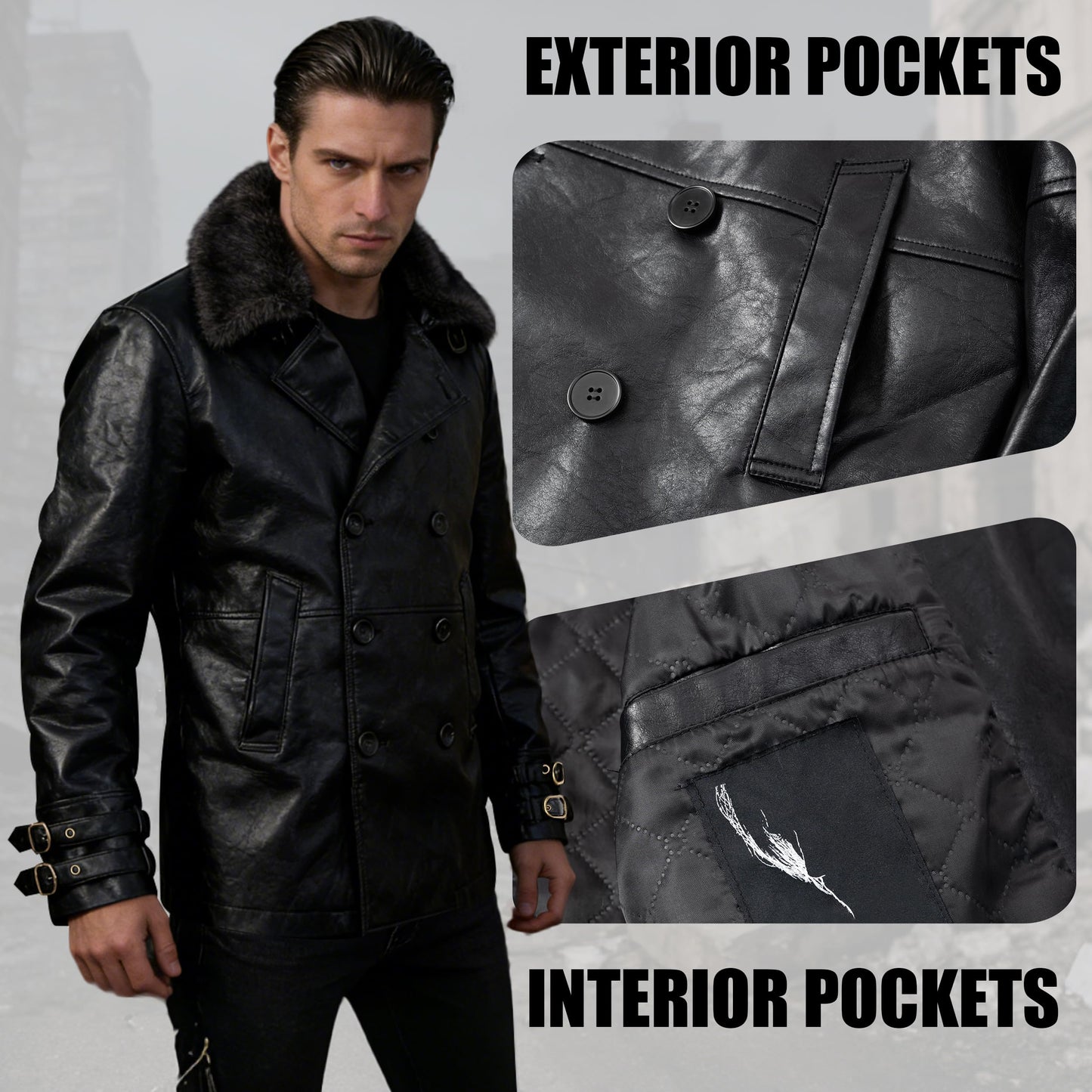 Mifidy Leons Leather Jacket, Mens Biker Style Fur Collar Black Vintage Gaming Outerwear Trench Coat for Cold Weather Cosplay Casual Fashion, L