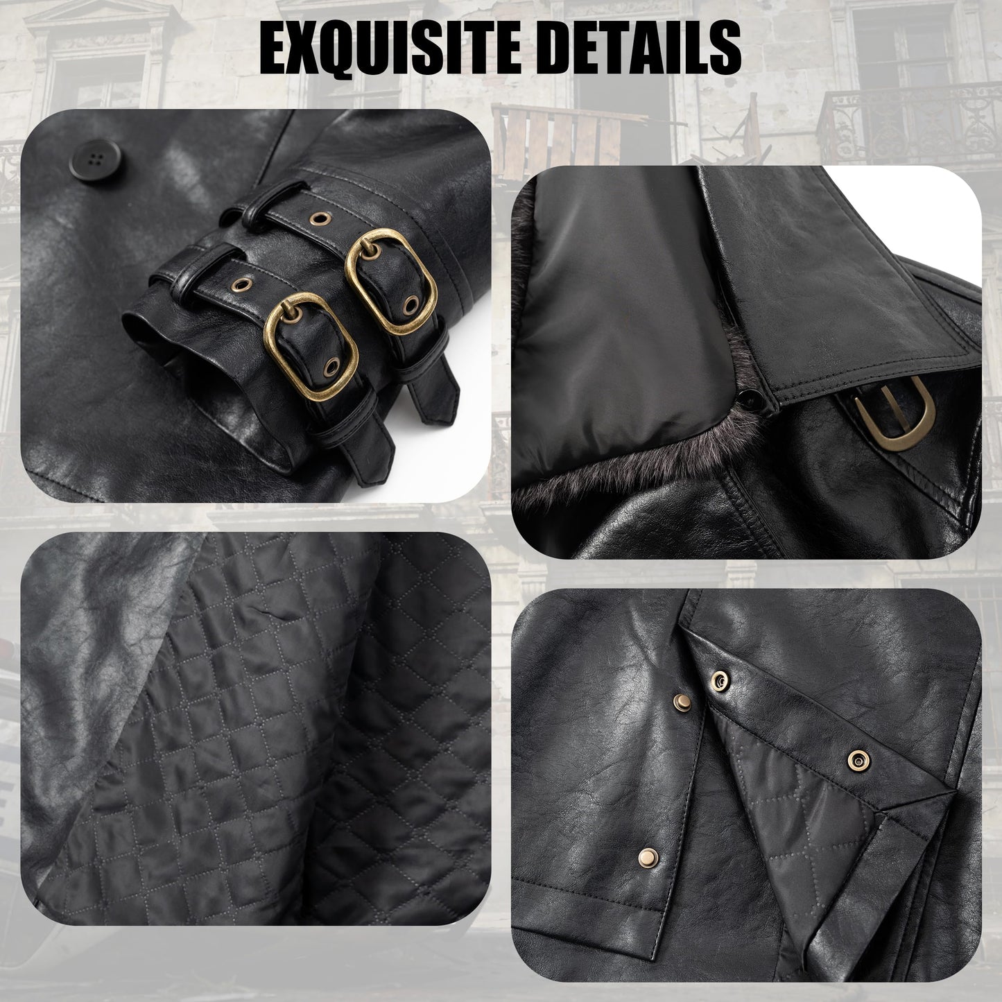 Mifidy Leons Leather Jacket, Mens Biker Style Fur Collar Black Vintage Gaming Outerwear Trench Coat for Cold Weather Cosplay Casual Fashion, L