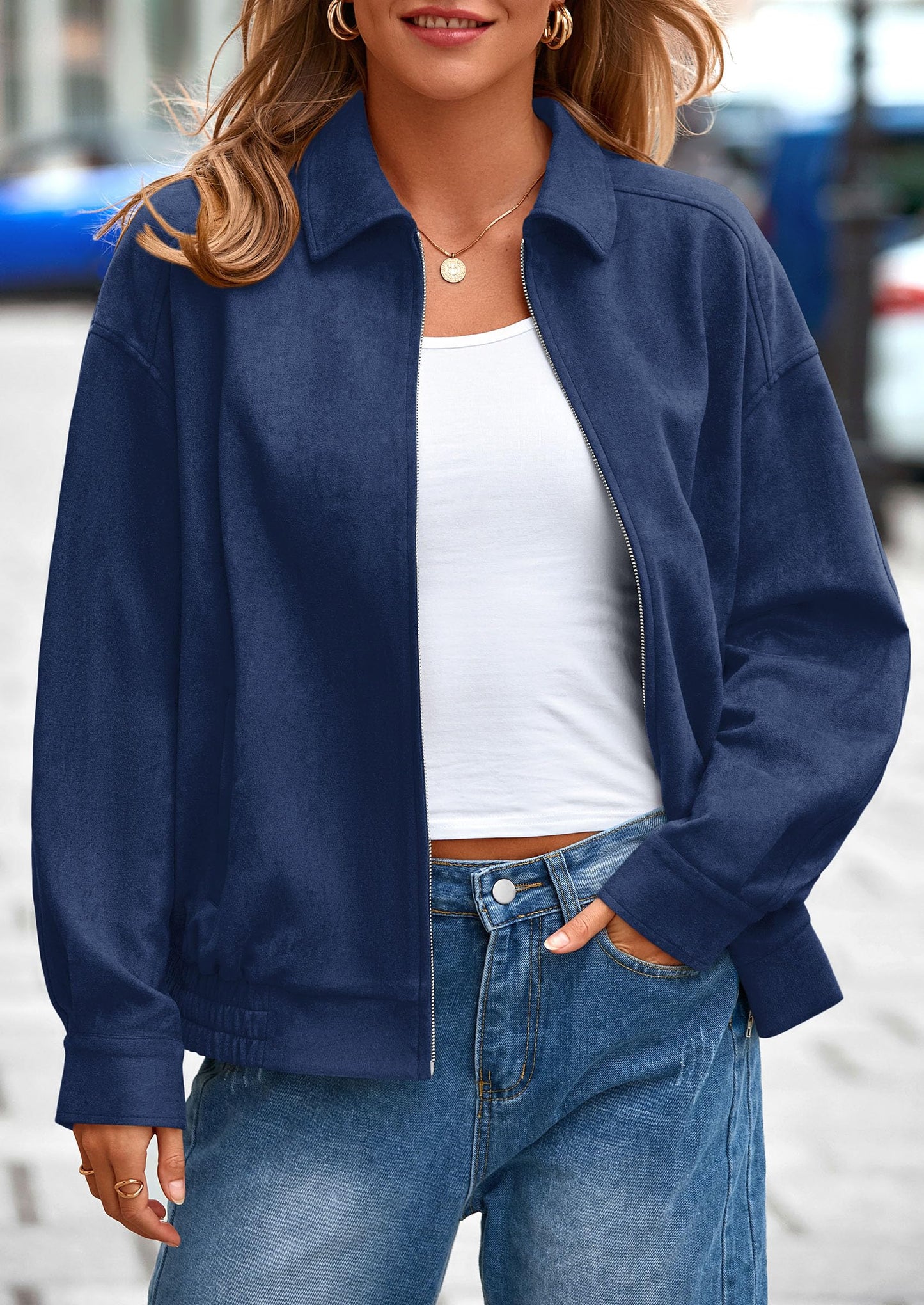 PRETTYGARDEN Faux Suede Bomber Jacket Women Fall Fashion 2026 Casual Zip Up Oversized Trendy Winter Clothing Outerwear Coats (Navy Blue,Small)