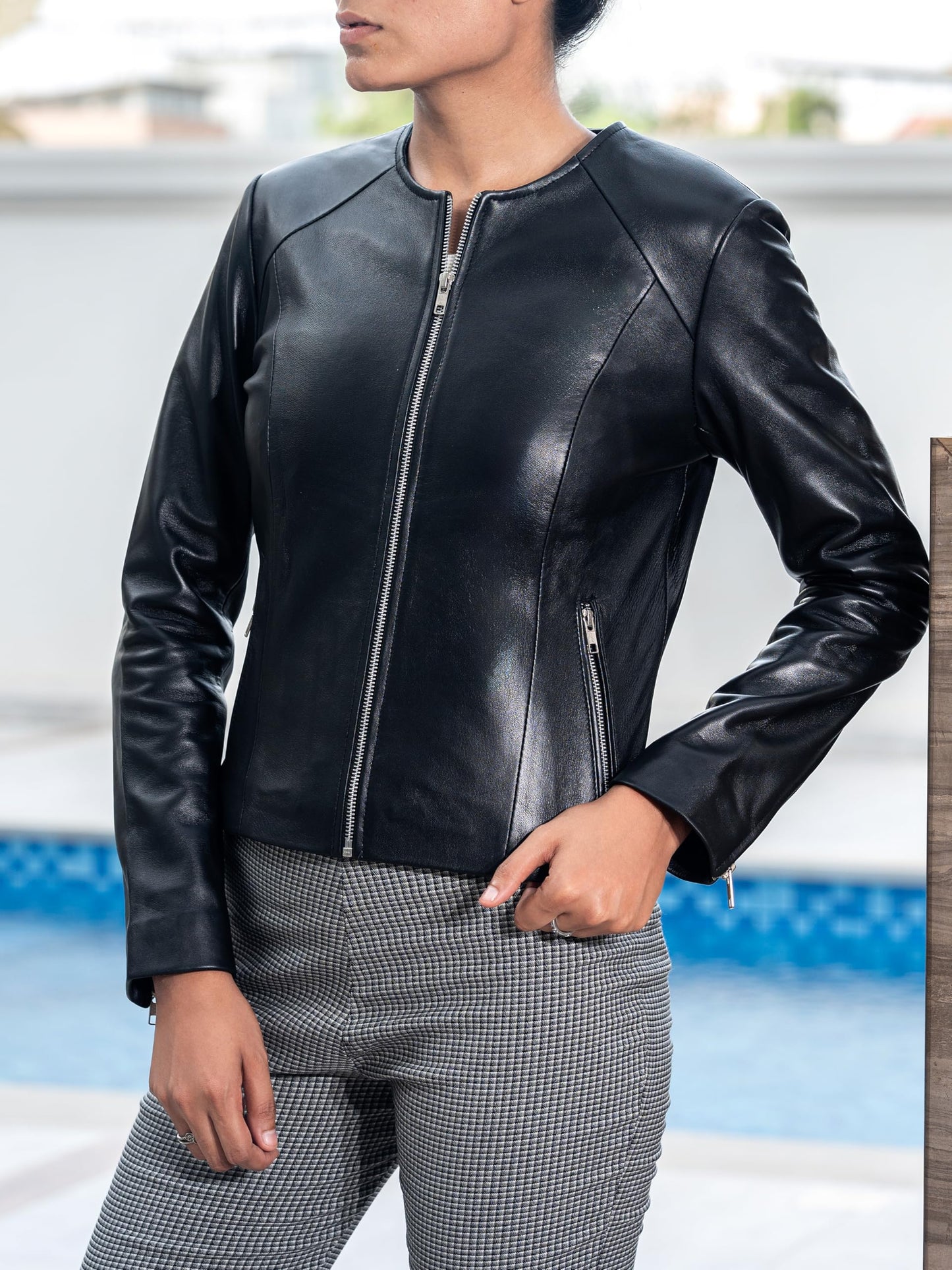 Jild Stylish Collarless Leather Jacket Women – Slim Fit Elegant Style Womens Lightweight Lambskin Leather Jacket (Bas.Wo-Blk-S)