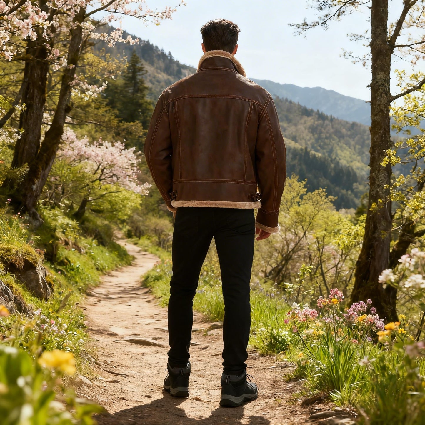 Mifidy Leather Bomber Jacket Men, Fur Shearling Outdoor Classic Brown Aviator Flight Leon Cosplay Coat Motorcycle Jacket Daily Wear Hiking Gift Small