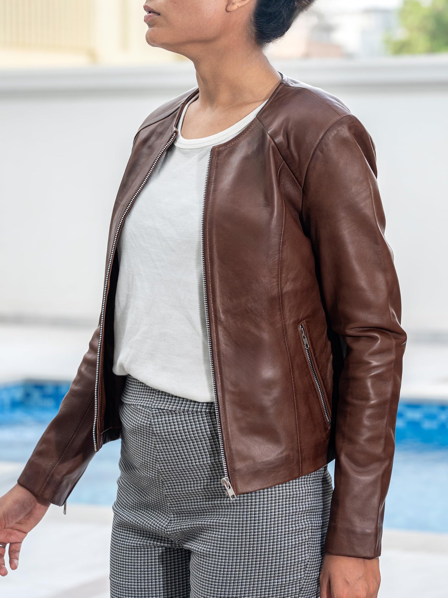 Jild Stylish Collarless Leather Jacket Women – Slim Fit Elegant Style Womens Lightweight Lambskin Leather Jacket (Bas.Wo-Cognac-S)