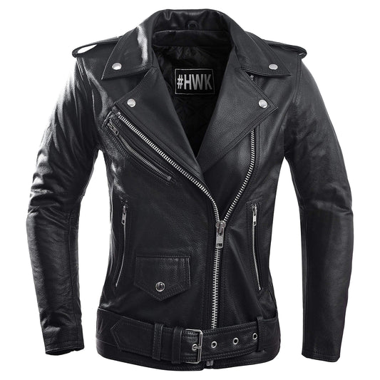HWK Brando Classic Black Leather Motorcycle Jacket for Women - Comfy Vintage Design with Polyester Thermal Lining - All-Season Riding - X-Large Black - Women's Leather Jacket