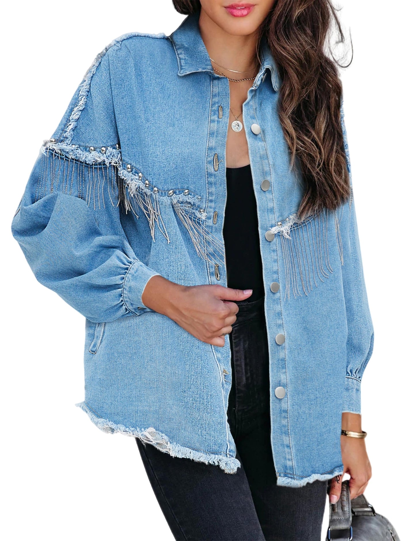 Daacee Casual Frayed Tassel Black Denim Jacket for Women Fashion Fringe Rhinestone Cowgirl Jean Coats(0191-Blue-3XL)