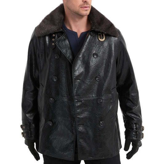 Mifidy Leons Leather Jacket, Mens Biker Style Fur Collar Black Vintage Gaming Outerwear Trench Coat for Cold Weather Cosplay Casual Fashion, L