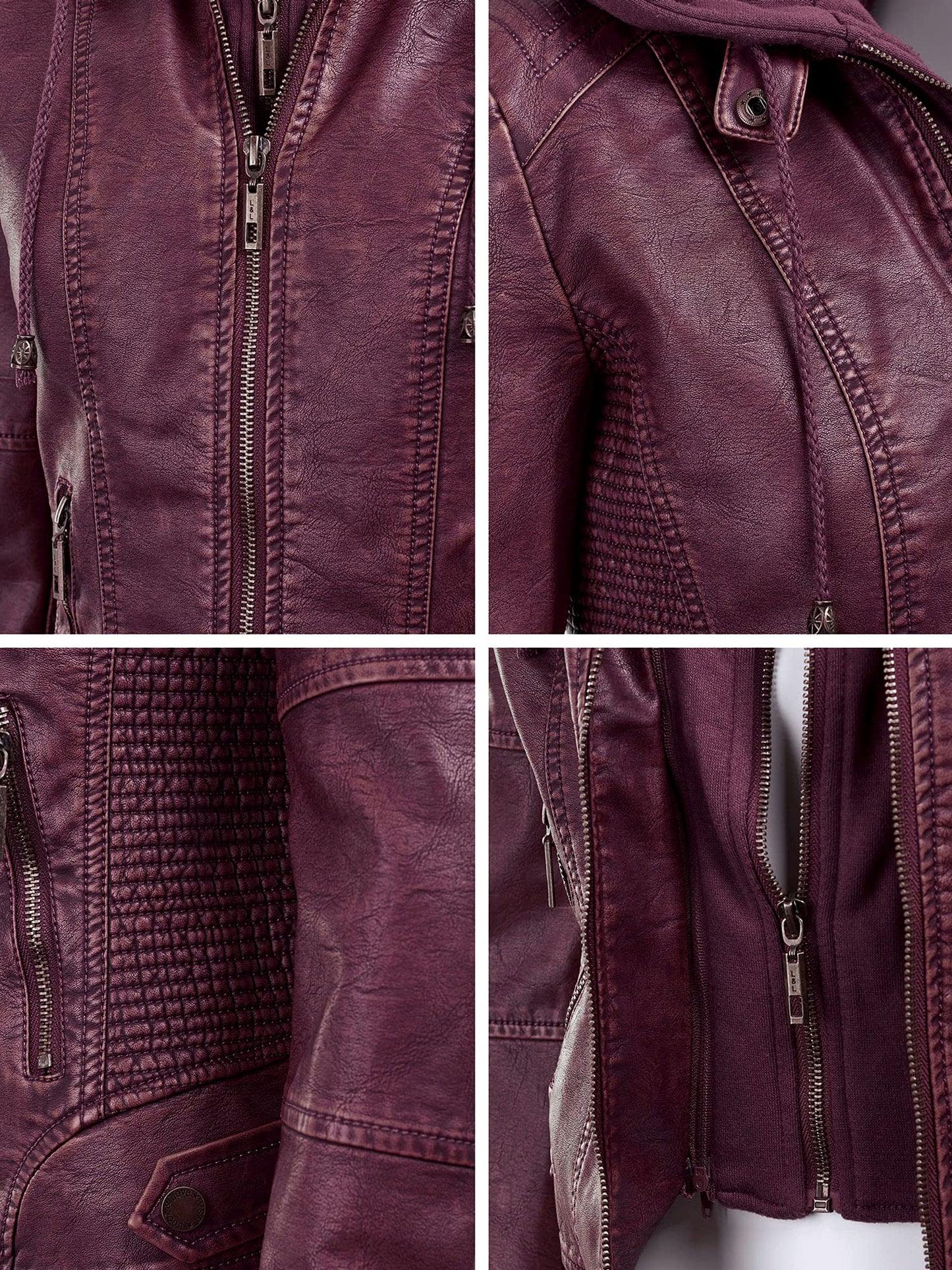Made By Johnny MBJ WJC1044 Womens Faux Leather Quilted Motorcycle Jacket with Hoodie XS Wine