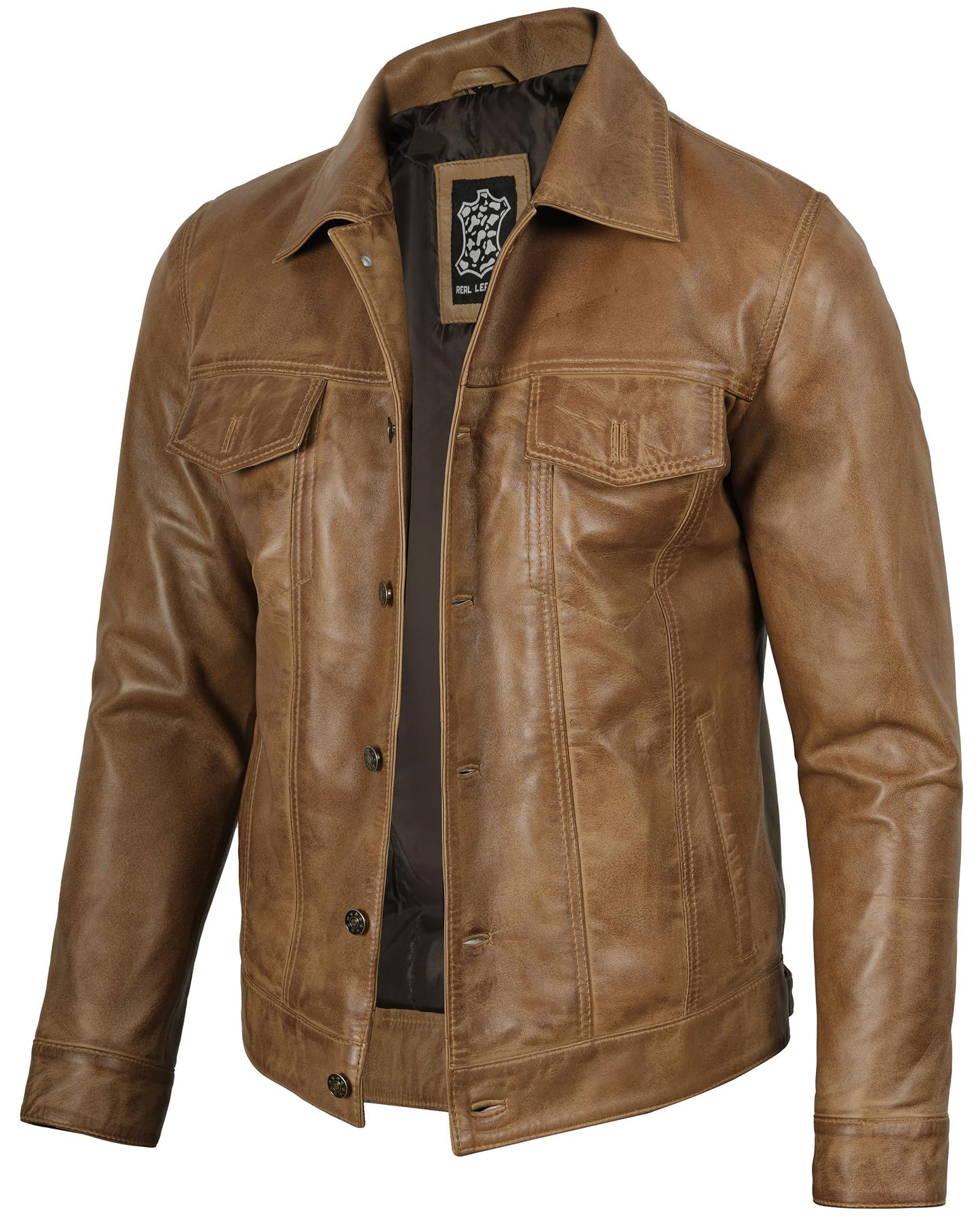 Premium Lambskin Leather Vintage Trucker Jacket Men - Shirt Collar Jackets For Mens | [1107375] Frnando Yellow, XL