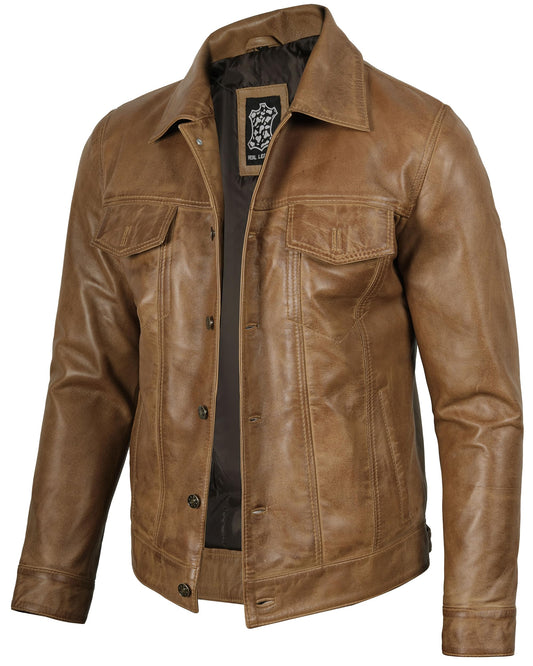Premium Lambskin Leather Vintage Trucker Jacket Men - Shirt Collar Jackets For Mens | [1107375] Frnando Yellow, XL