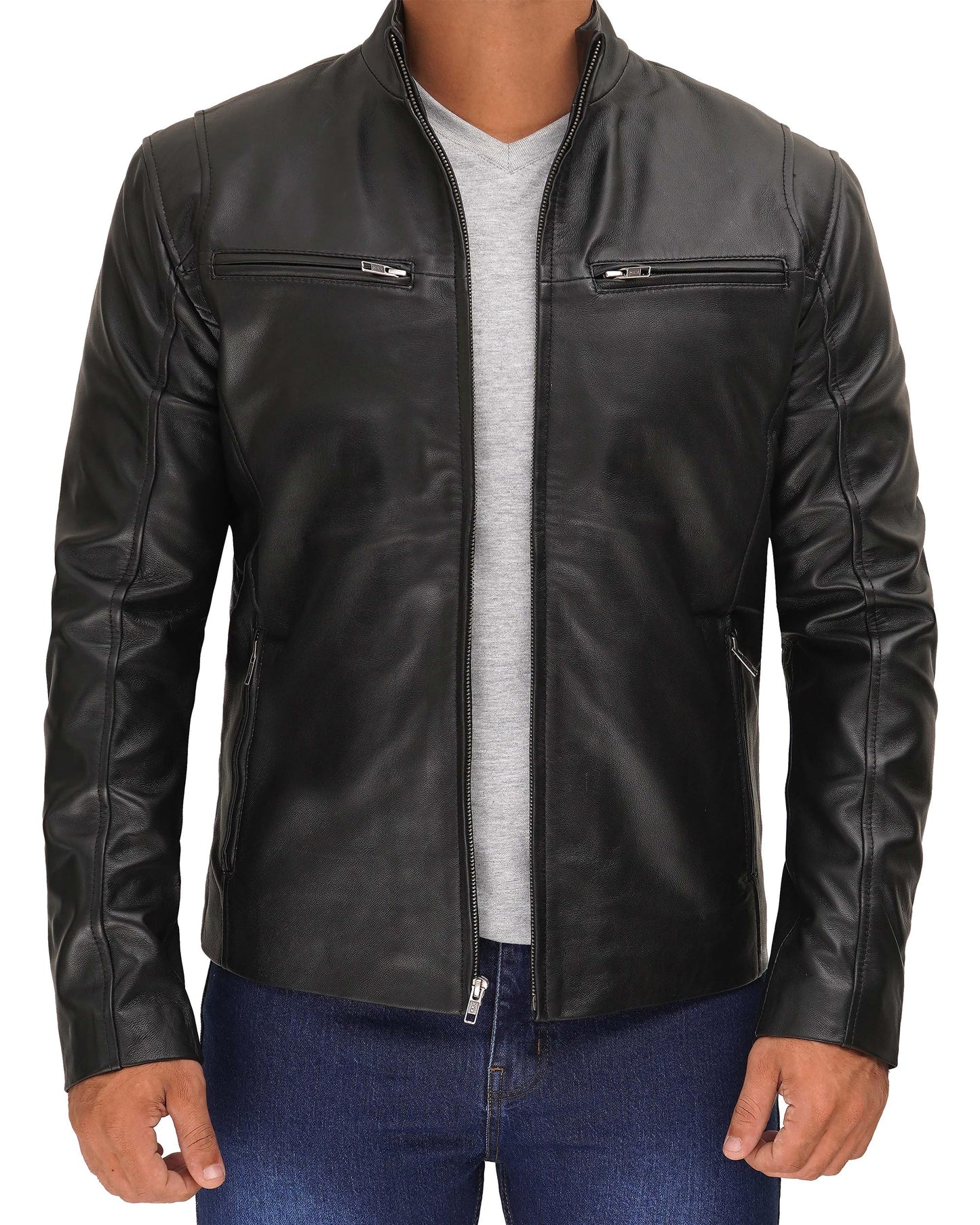 Decrum Black Leather Jacket Men - Mens Motorcycle Jacket | [1100444] Clinton, L