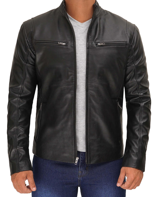 Decrum Black Leather Jacket Men - Mens Motorcycle Jacket | [1100444] Clinton, L