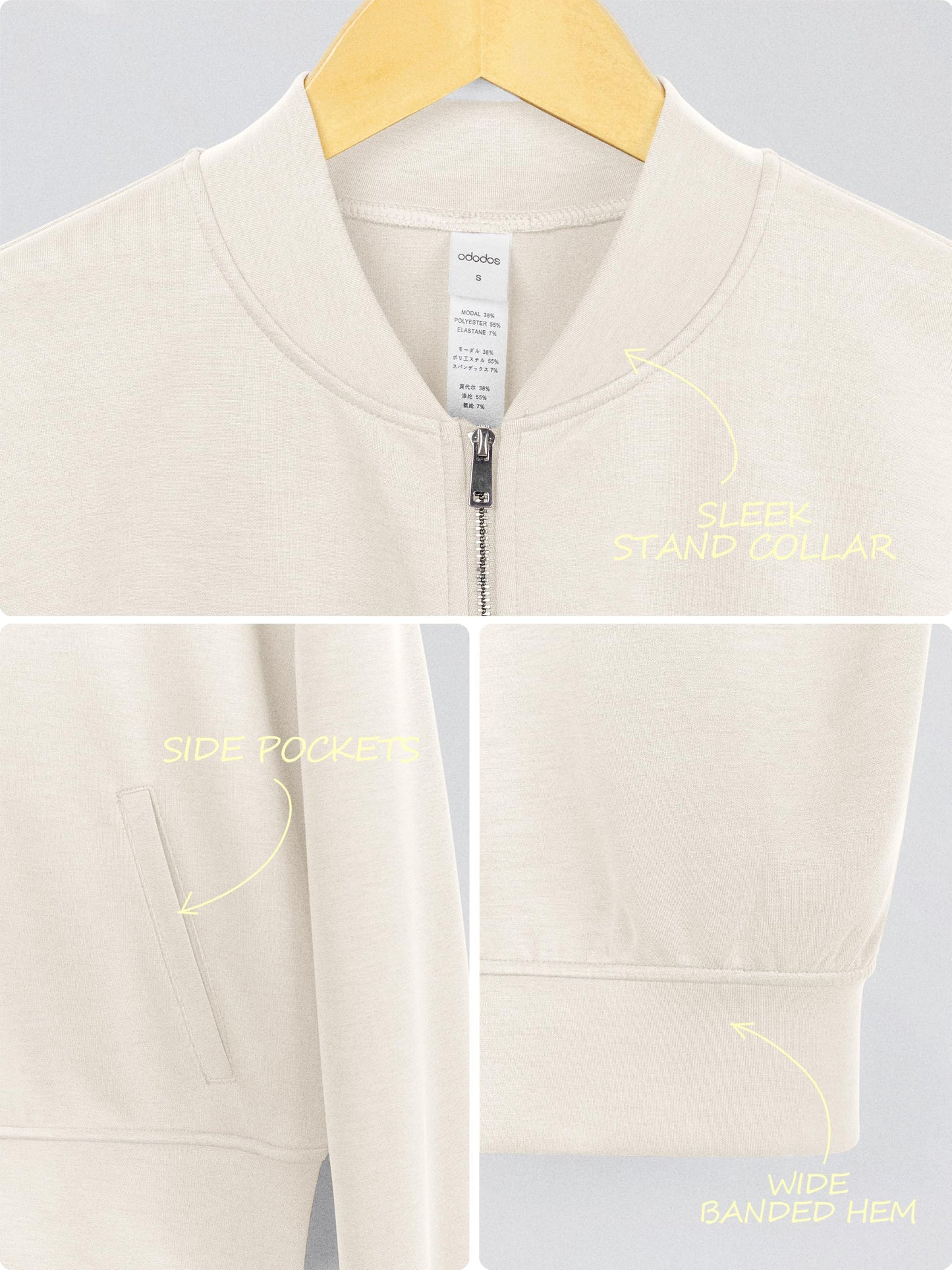 ODODOS Modal Soft Full-Zip Bomber Jacket for Women Long Sleeve Casual Fall Outfit Crop Top with Pockets, Ivory, Large