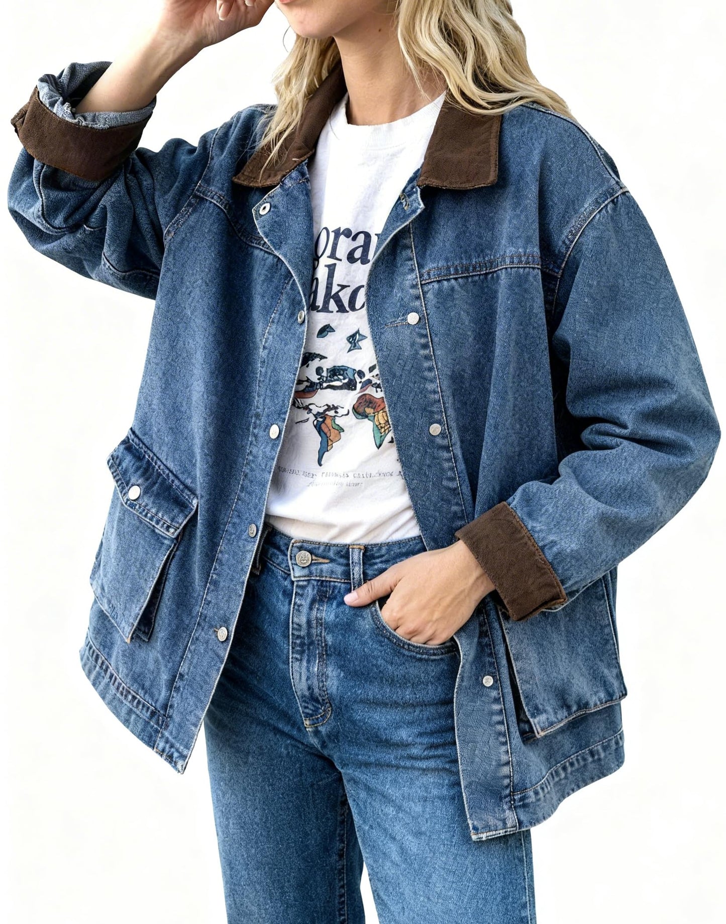 EMMIOL 025 Oversized Jean Jacket Women, Y2K Denim Fall Jackets Coat Vintage Trendy Relaxed Fit,Light Blue+L