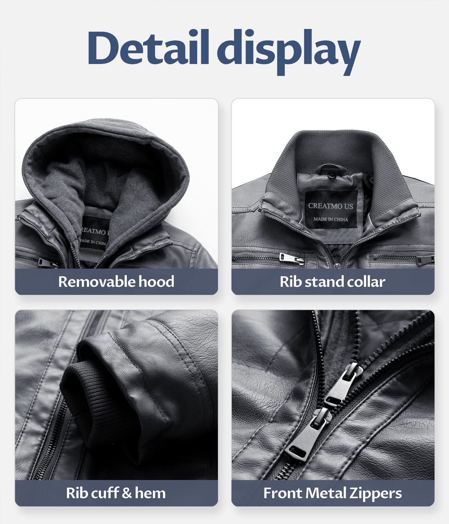 CREATMO US Mens Leather Jacket Faux Leather Motorcycle Jacket with Removable Hood Grey S