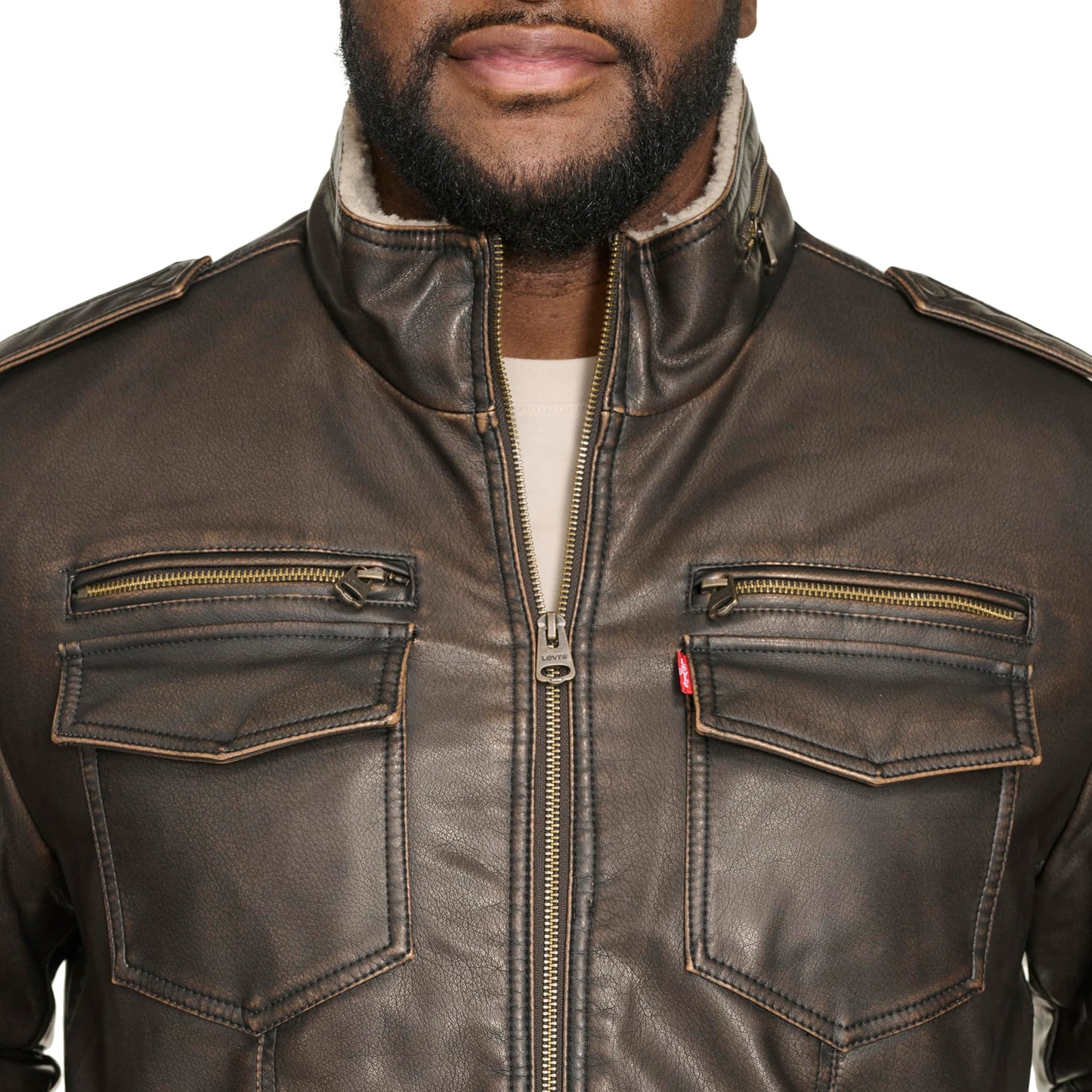 Levi's Men's Faux Leather Aviator Bomber Jacket (Regular & Big & Tall Sizes), Dark Brown/Sherpa Lined, 6X