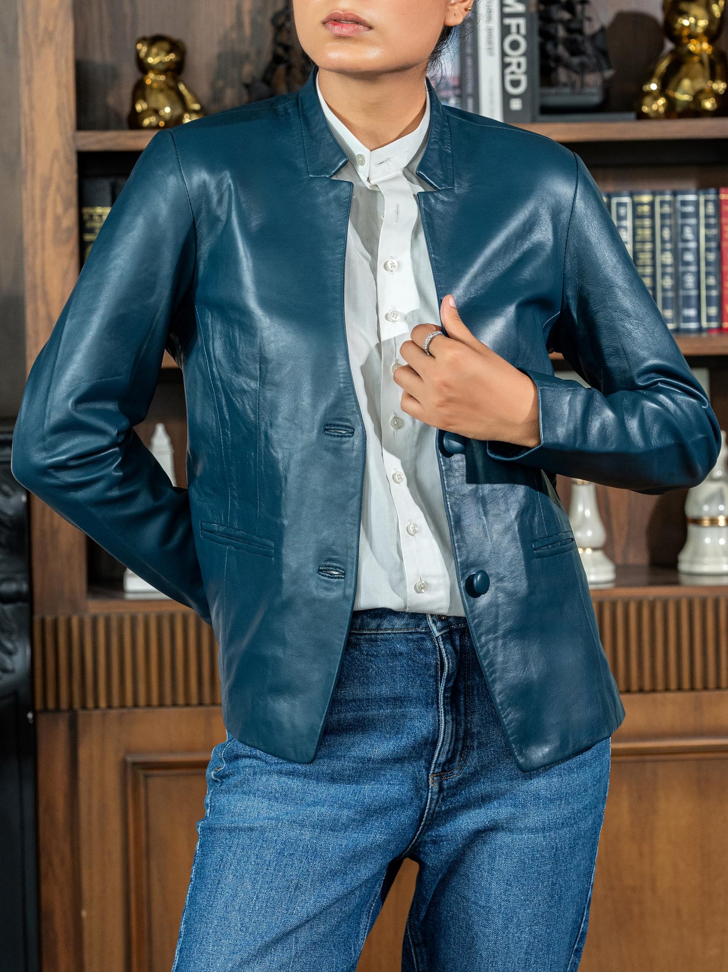 Jild Mandarin Collar Leather Blazer Women - Invisible Stitch Elegant Casual Coat Style Lambskin Leather Jacket Women (Sher.Wo-Blue-XXL)
