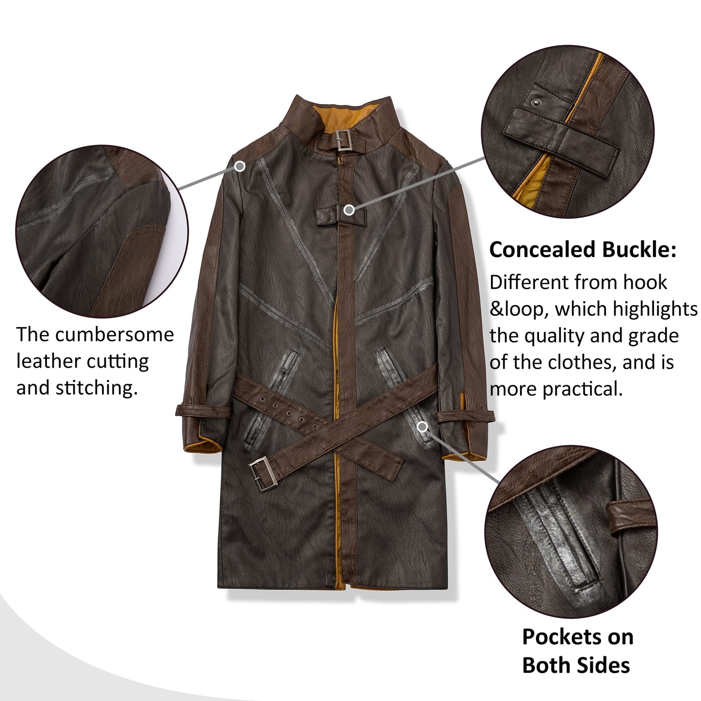 saounisi Men's Brown Faux Leather Trench Coat, Cosplay Jacket, X-Large