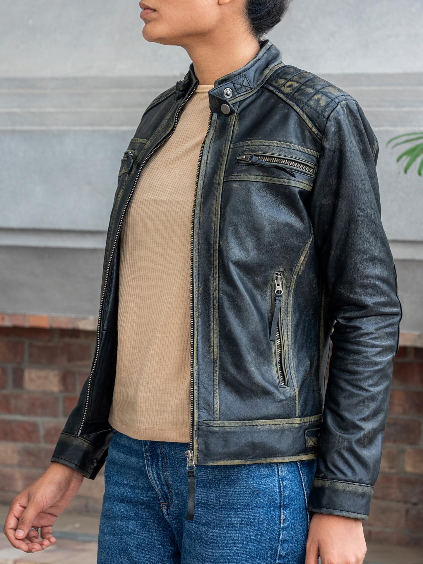 Jild Quilted Design Leather Jacket Women - Cafe Racer Style Real Lambskin Womens Leather Jacket (DW-Distressed-M)