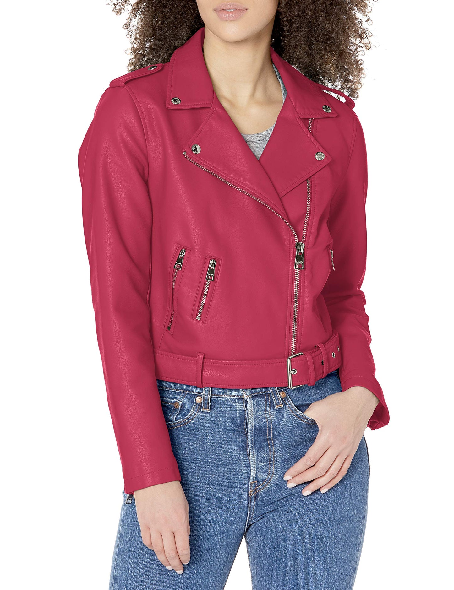 Levi's Women's Faux Leather Belted Motorcycle Jacket (Standard and Plus Sizes), Berry Pink, Medium