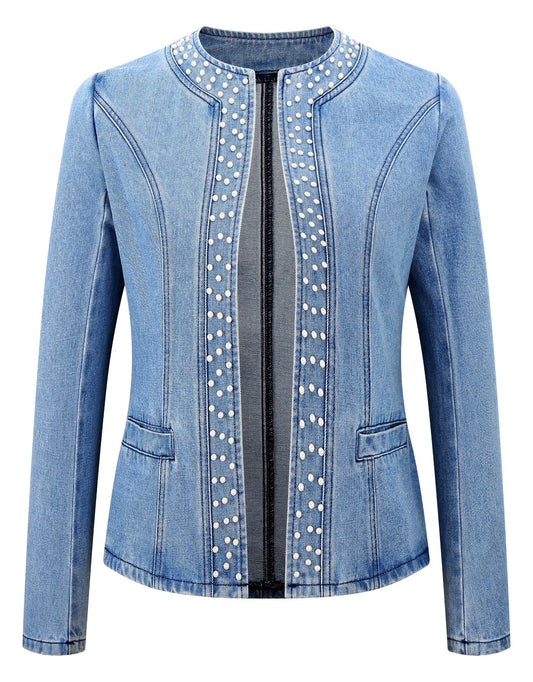 Kedera Women's Pearl Denim Jacket Long Sleeve Collarless Rivet Short Denim Coat with Pockets