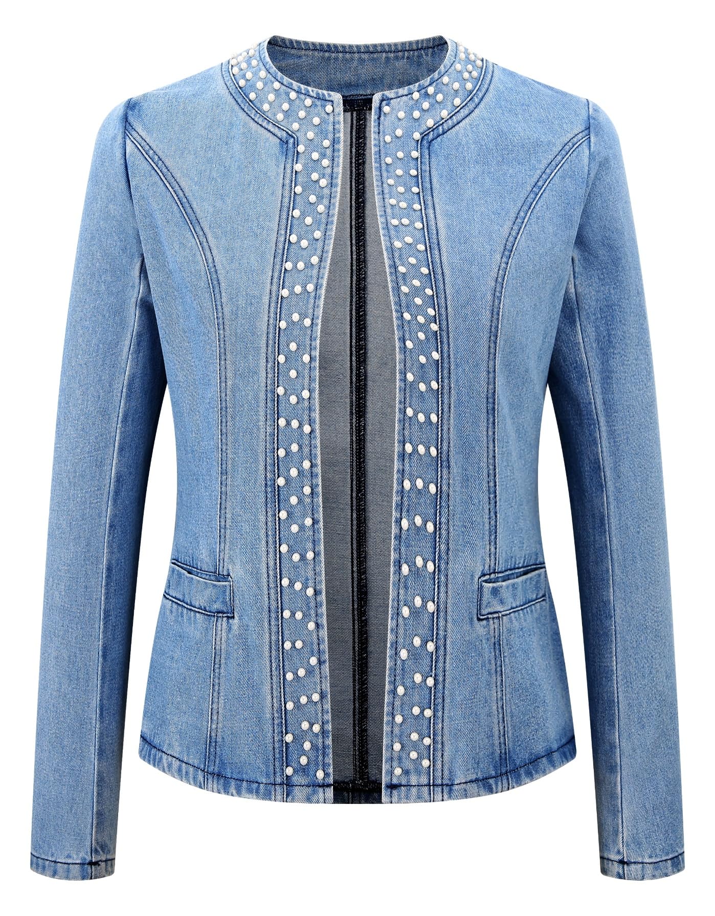 Kedera Women's Pearl Denim Jacket Long Sleeve Collarless Rivet Short Denim Coat with Pockets