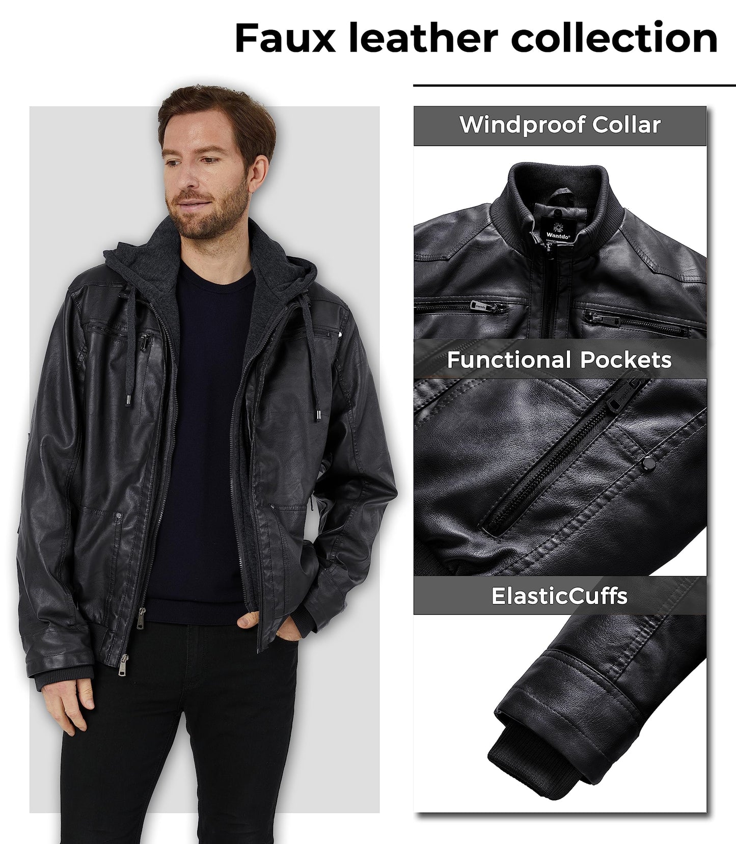 wantdo Mens Leather Jacket with Removable Hood Pure Black,S,(fleece Lining)