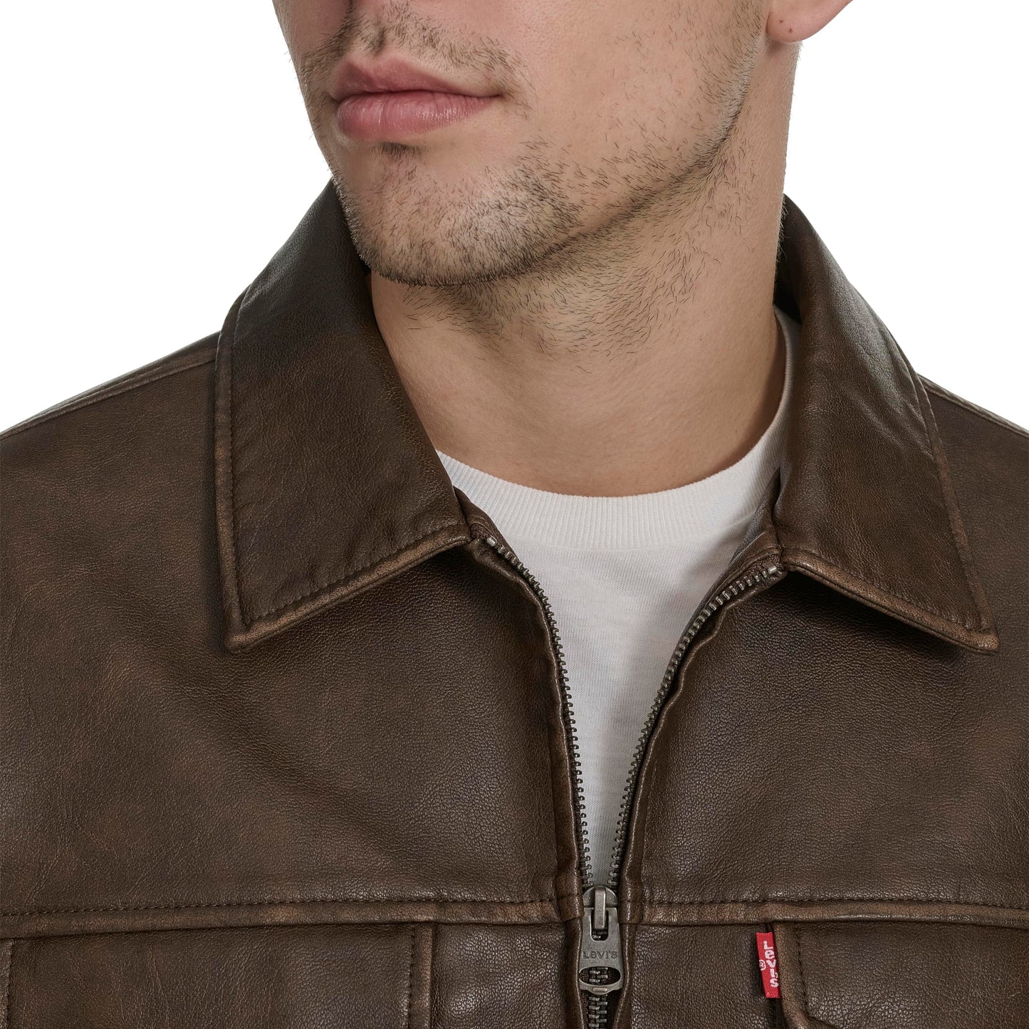 Levi's Men's Faux Leather Modern Trucker Jacket, Saddle, Medium