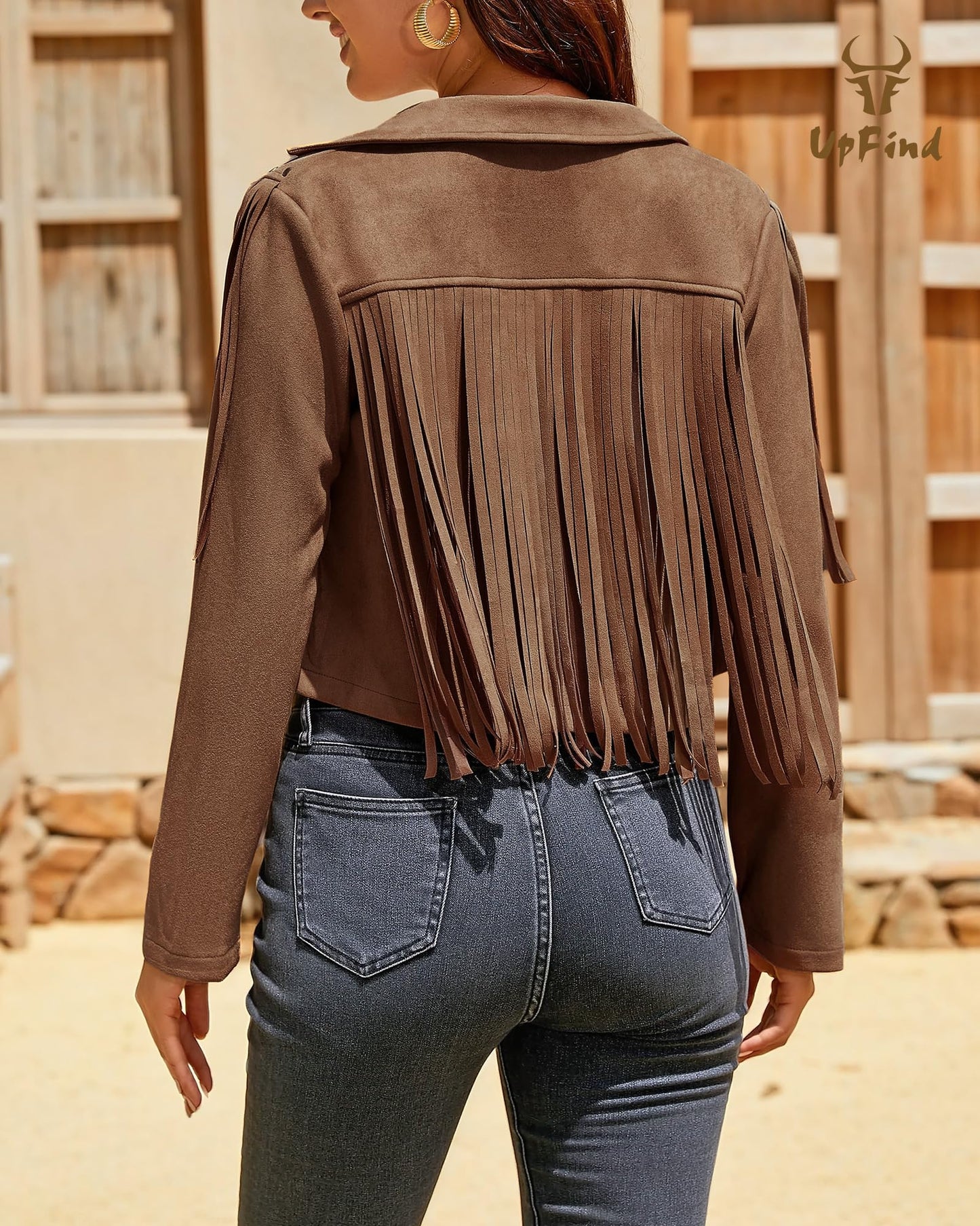 UpFind Women's Fringe Faux Suede Leather Jackets Fashion Fall Western Tassel Motorcycle Cropped Open Front Coats with Rivets, Dark Brown/Large