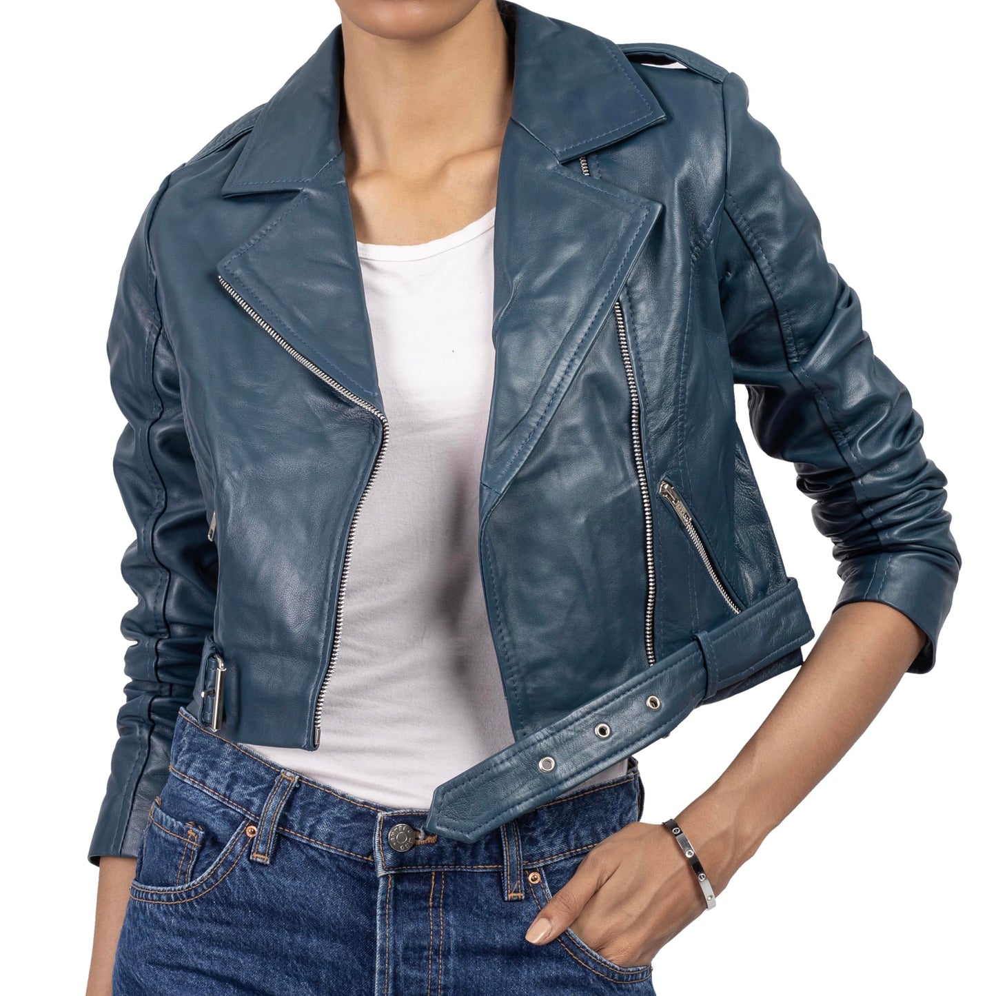 Jild Cropped Leather Jacket Women Lapel Asymmetric Zip Up Moto Biker Short Coat with Belt (CW-Blue-L)