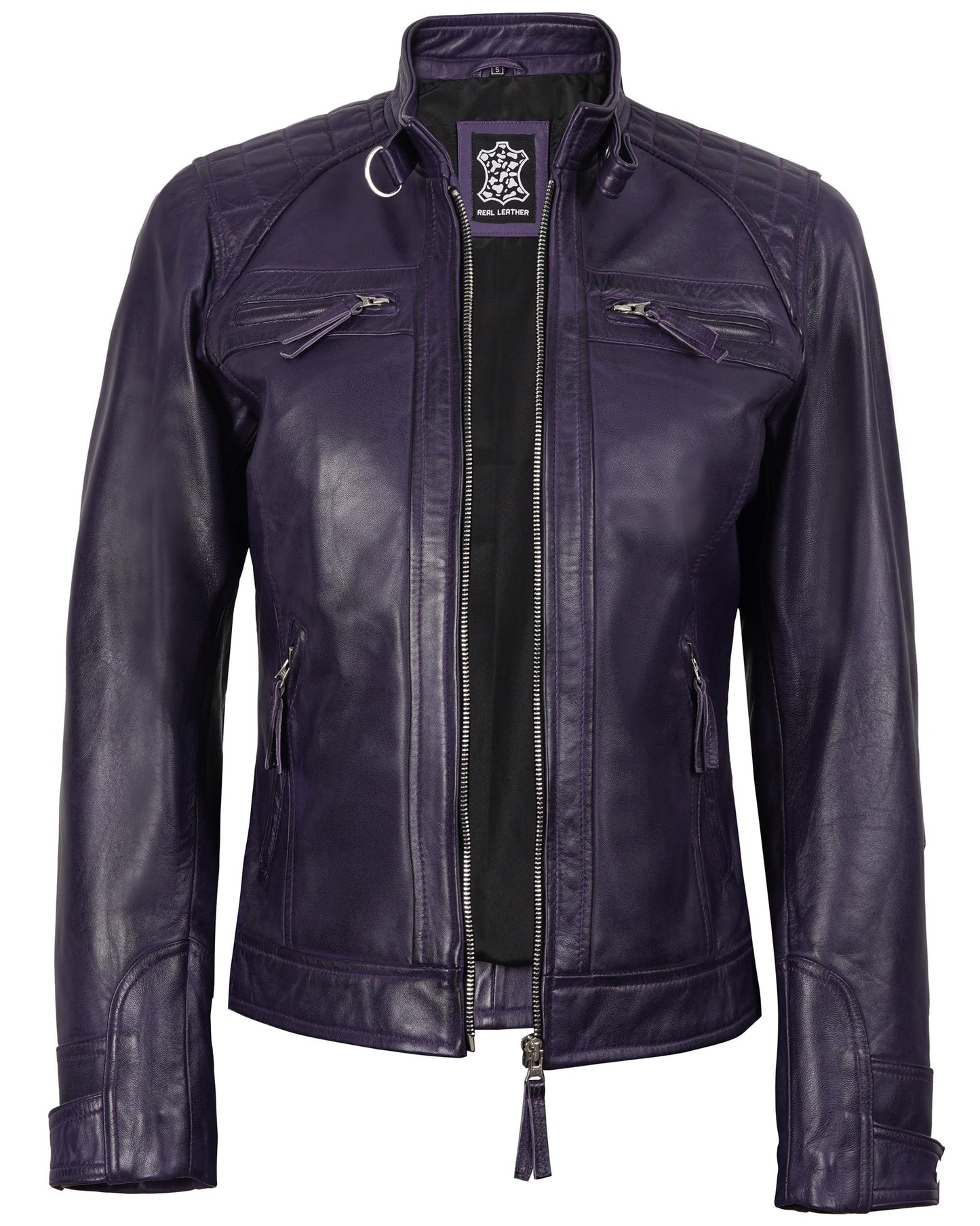 fjackets Real Leather Jacket Women - Cafe Racer Slim Fit Black Stand Collar Jackets For Womens | [1315426] Diamond1 Purple, 2XL