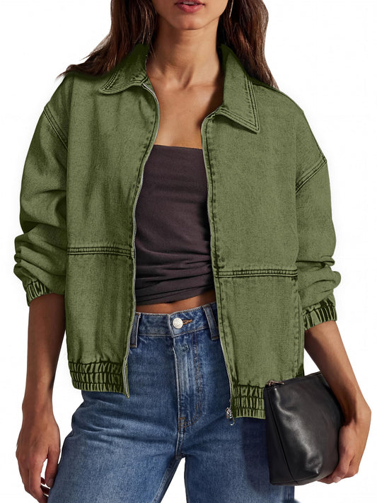 Glamaker Womens Oversized Jean Jacket Spring Lightweight Long Sleeve Bomber Denim Jacket with Zip Front and Pockets for Trendy Fashion (Army Green L)