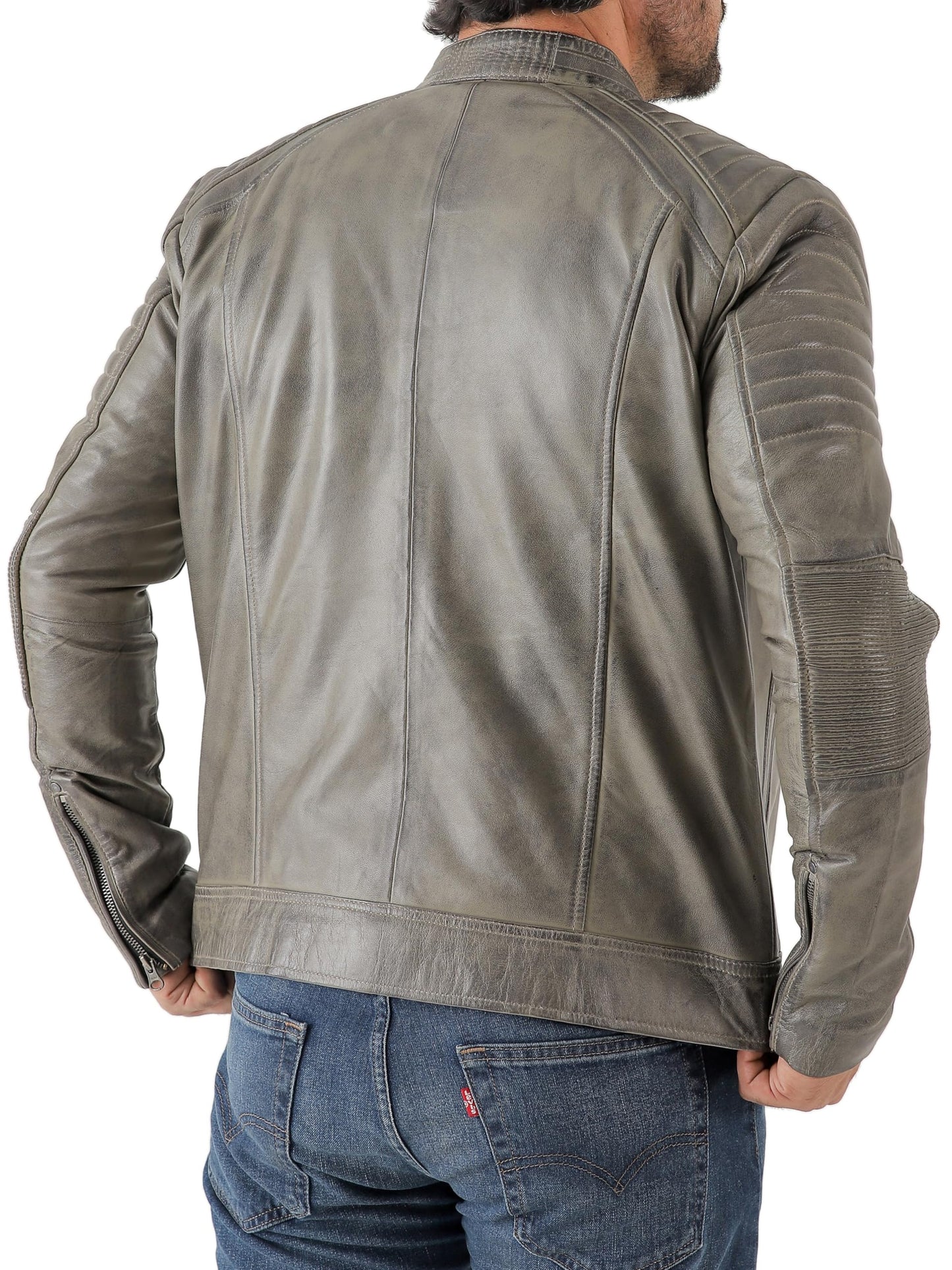 Jild Vintage Cafe Racer Leather Jacket Men - Hand Waxed Real Lambskin Leather Motorcycle Jacket (CRM-Grey-M)