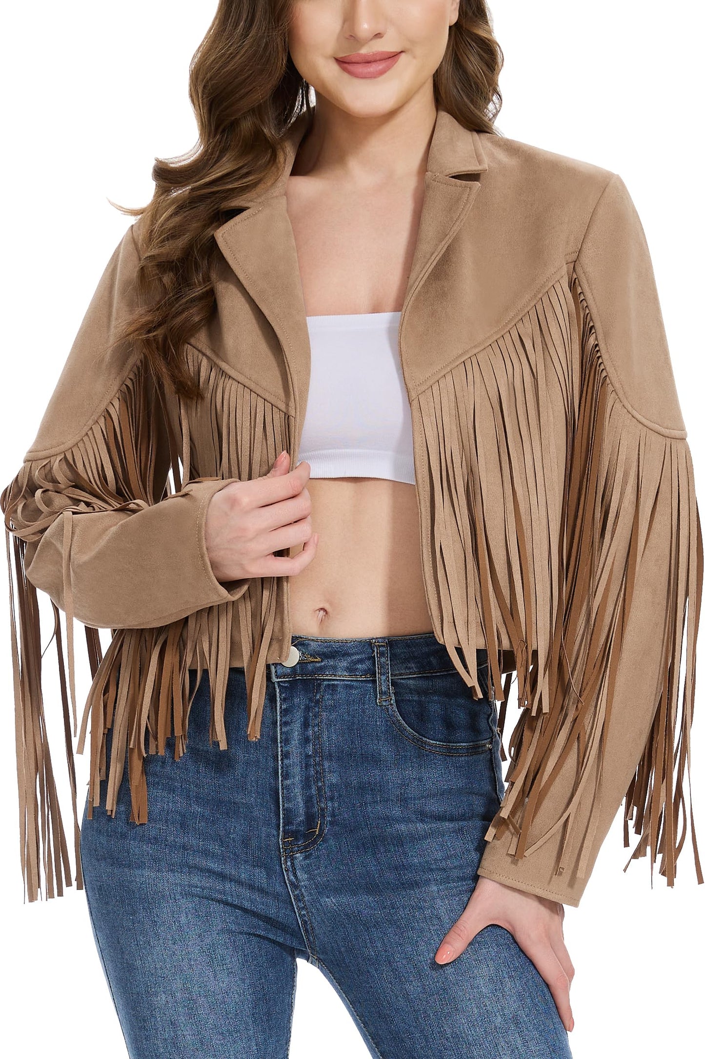 Fahsyee Fringe Leather Jacket Women, Western Cowgirl Outfits for Women Country Concert Wear Suede Cropped Coat Camel S