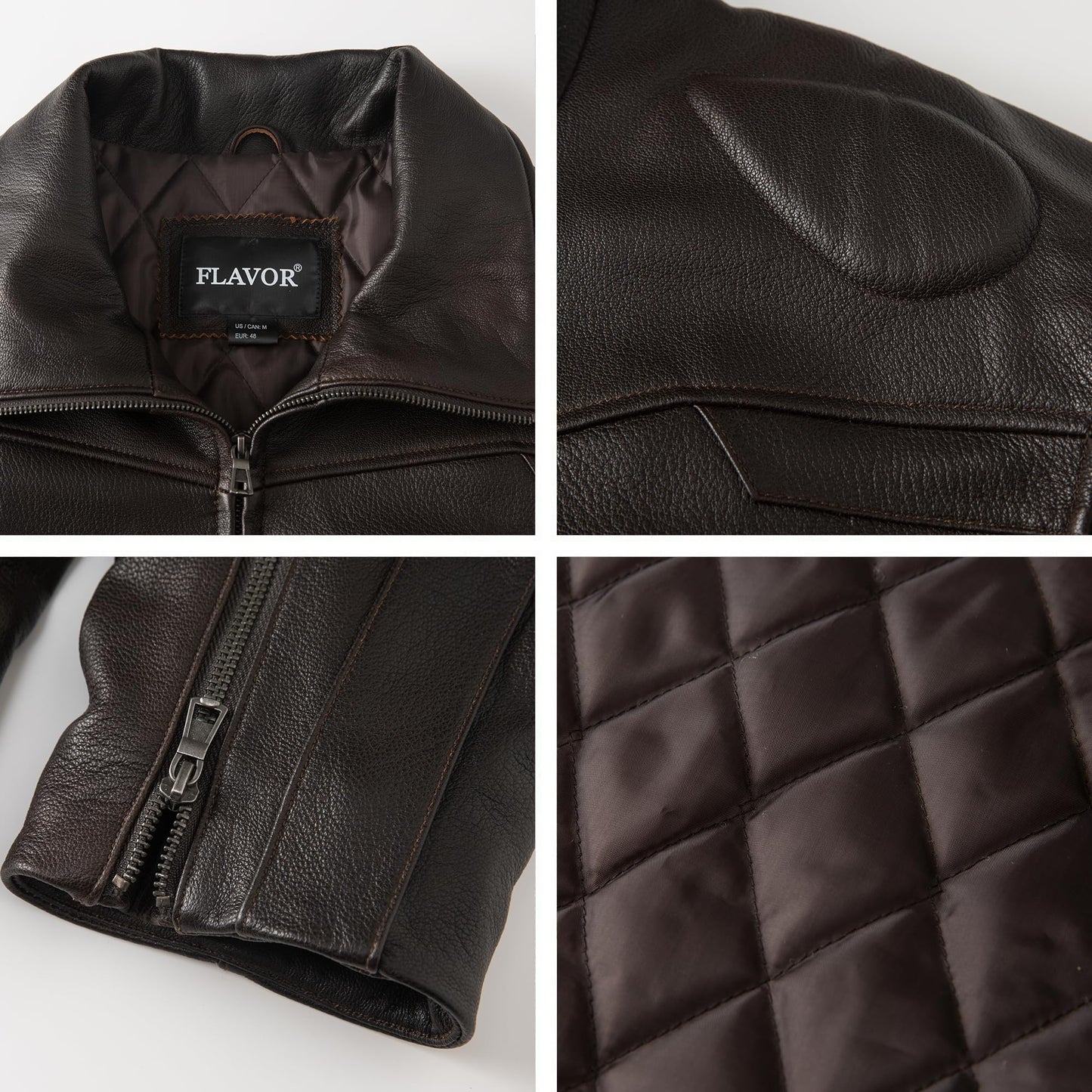 FLAVOR Men's Classic Genuine Lambskin Leather Motorcycle Jacket Windproof (Dark Brown, L)