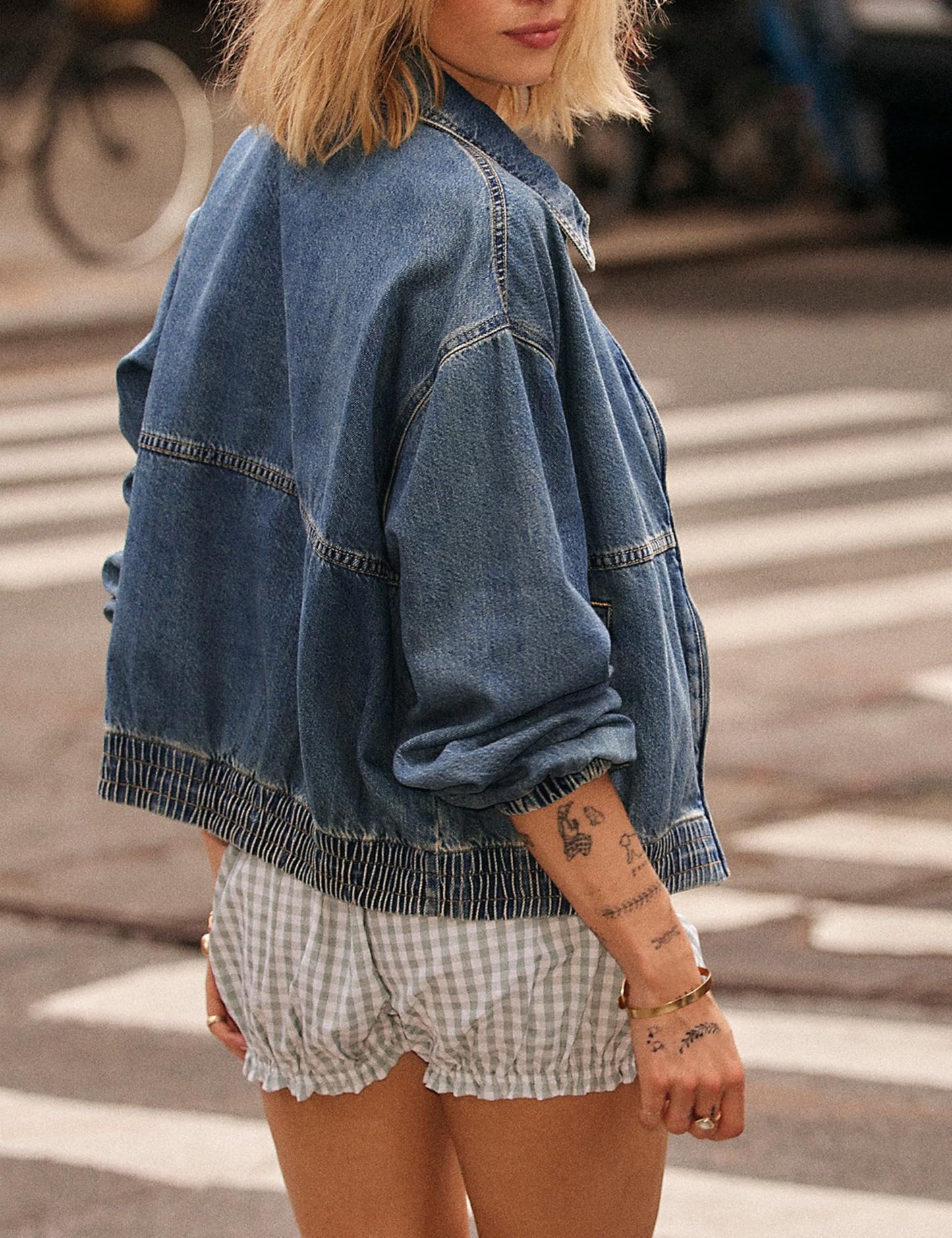 Bell Princess Womens Denim Jackets Long Sleeve Zip Up Elastic Hem Classic Loose Jean Bomber Jacket Outfit(0135-Blue-S)