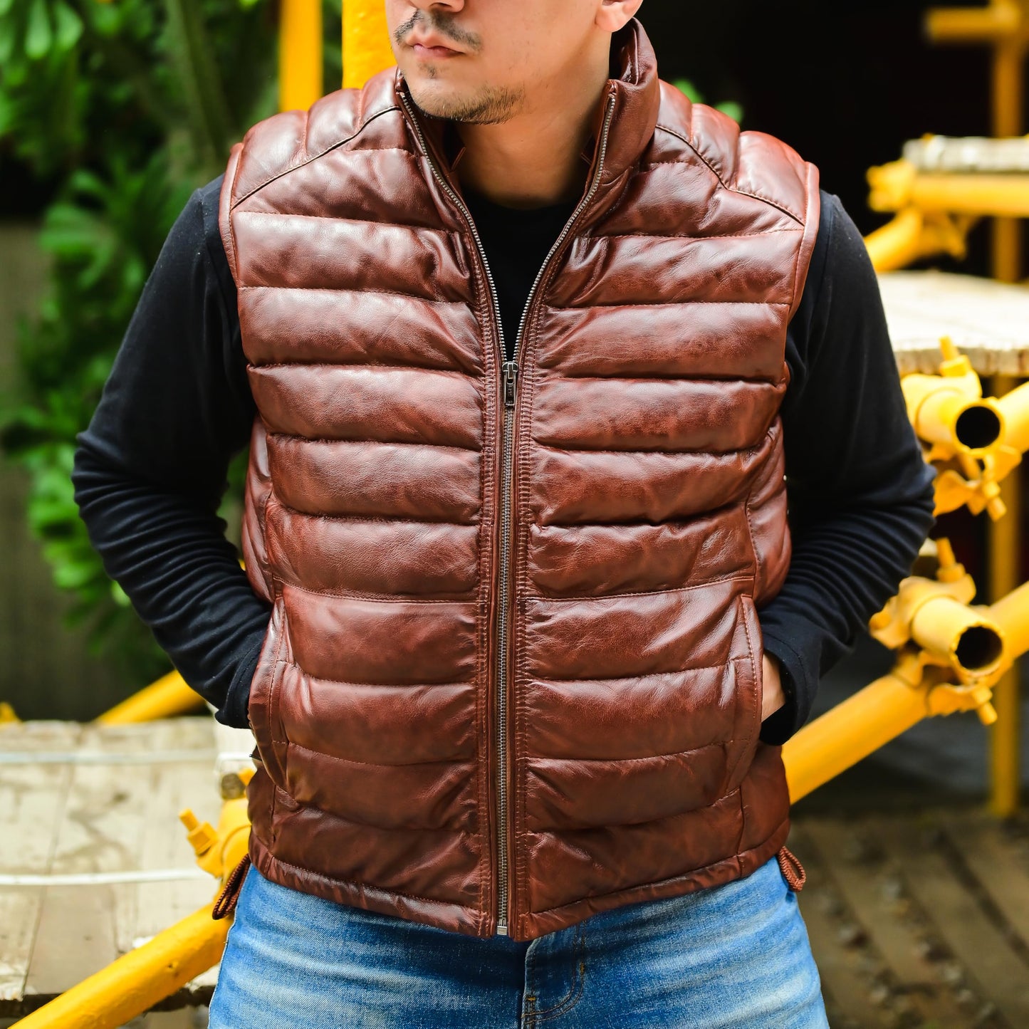 Jild Lambskin Leather Puffer Vest with Removable Hood - Stand Collar Casual Style Sleeveless Leather Jacket Men (Puffer-Tan-L)