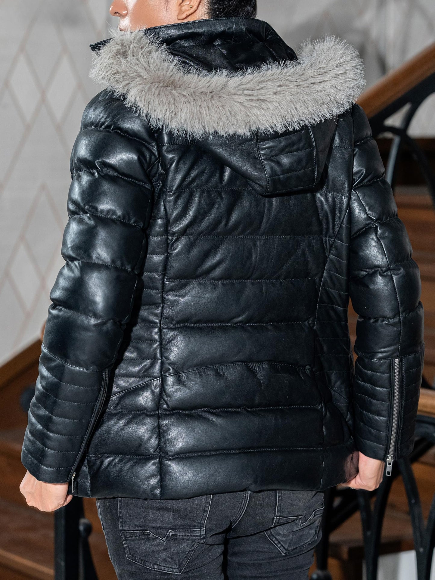 Jild Lambskin Leather Puffer Jacket Womens - Quilted Style Long Sleeves Womens Hooded Fur Winter Coat (Puf.Wo-Blk-L)