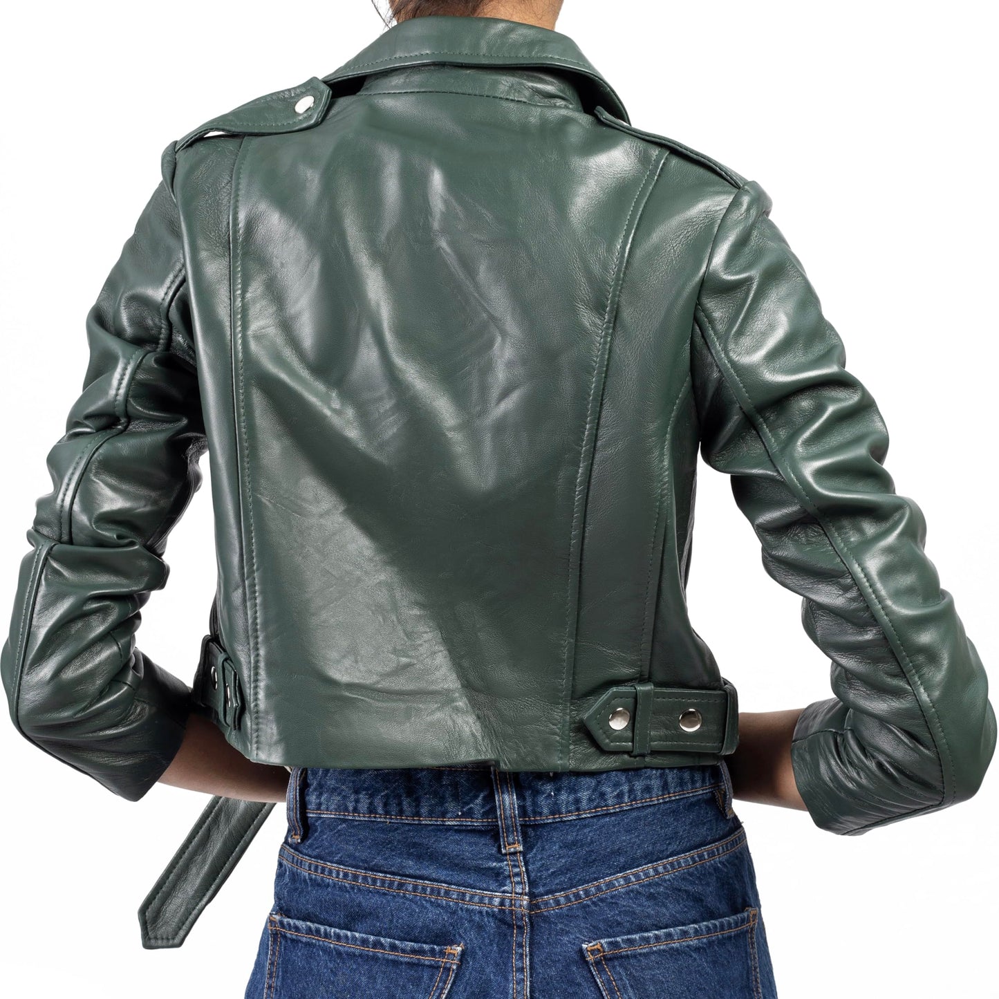 Jild Cropped Leather Jacket Women Lapel Asymmetric Zip Up Moto Biker Short Coat with Belt (CW-Green-XS)