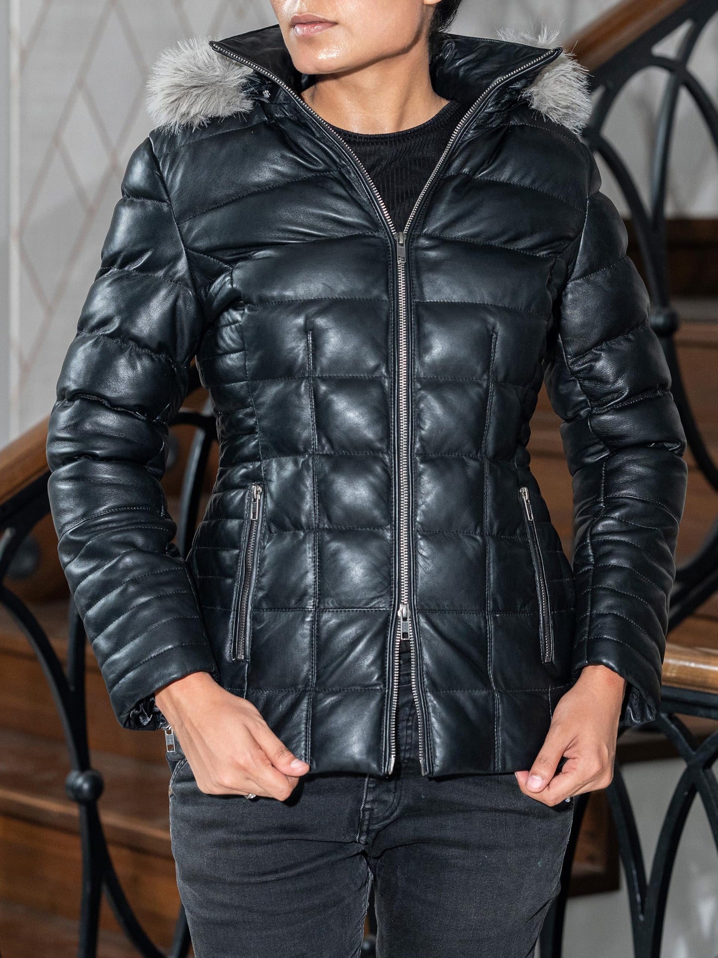 Jild Lambskin Leather Puffer Jacket Womens - Quilted Style Long Sleeves Womens Hooded Fur Winter Coat (Puf.Wo-Blk-L)