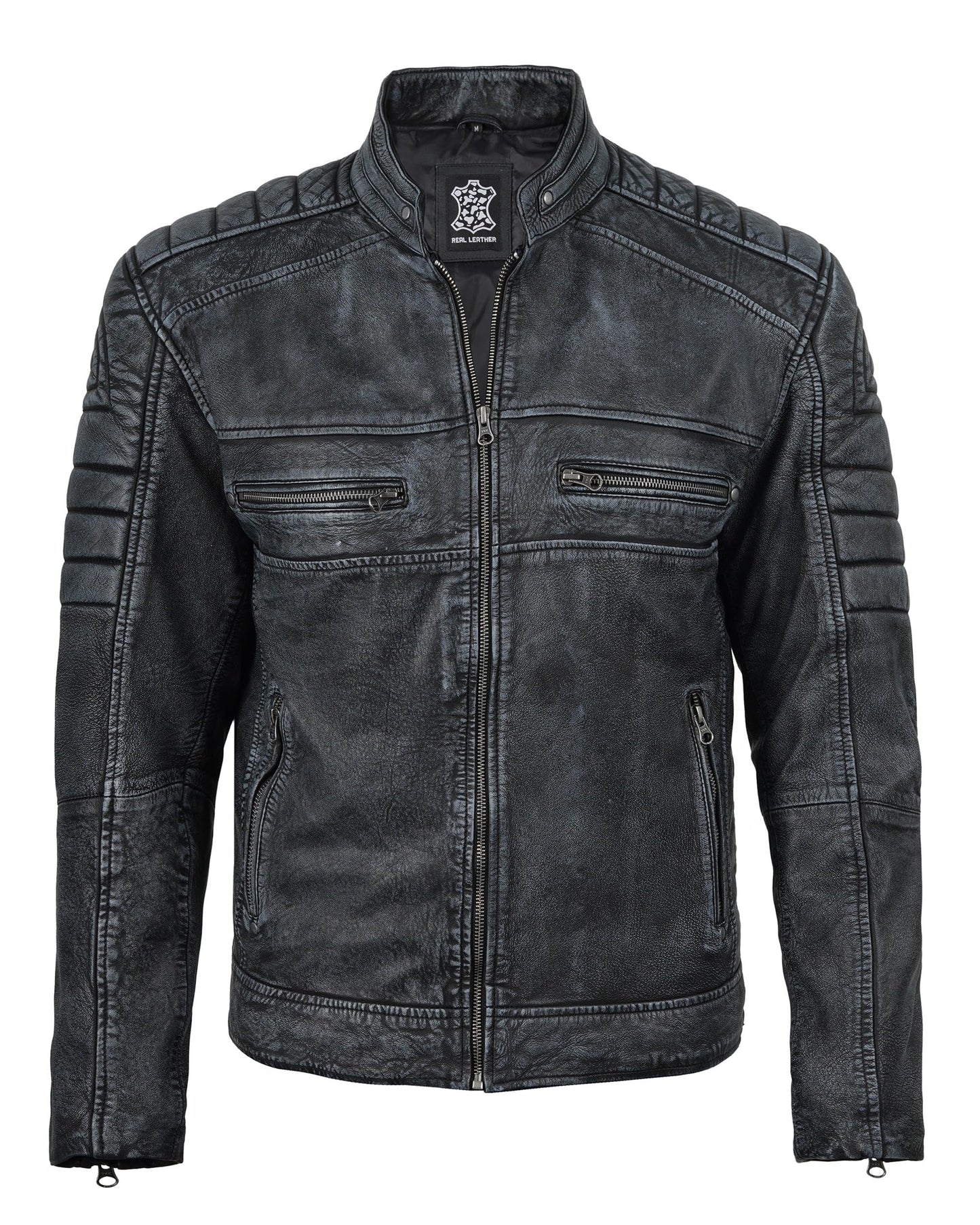 fjackets Cafe Racer Leather Jacket Men - Real lambskin leather jacket men Motorcycle Jacket Mens Austin Men's Distressed washed | [1132614] Black, L
